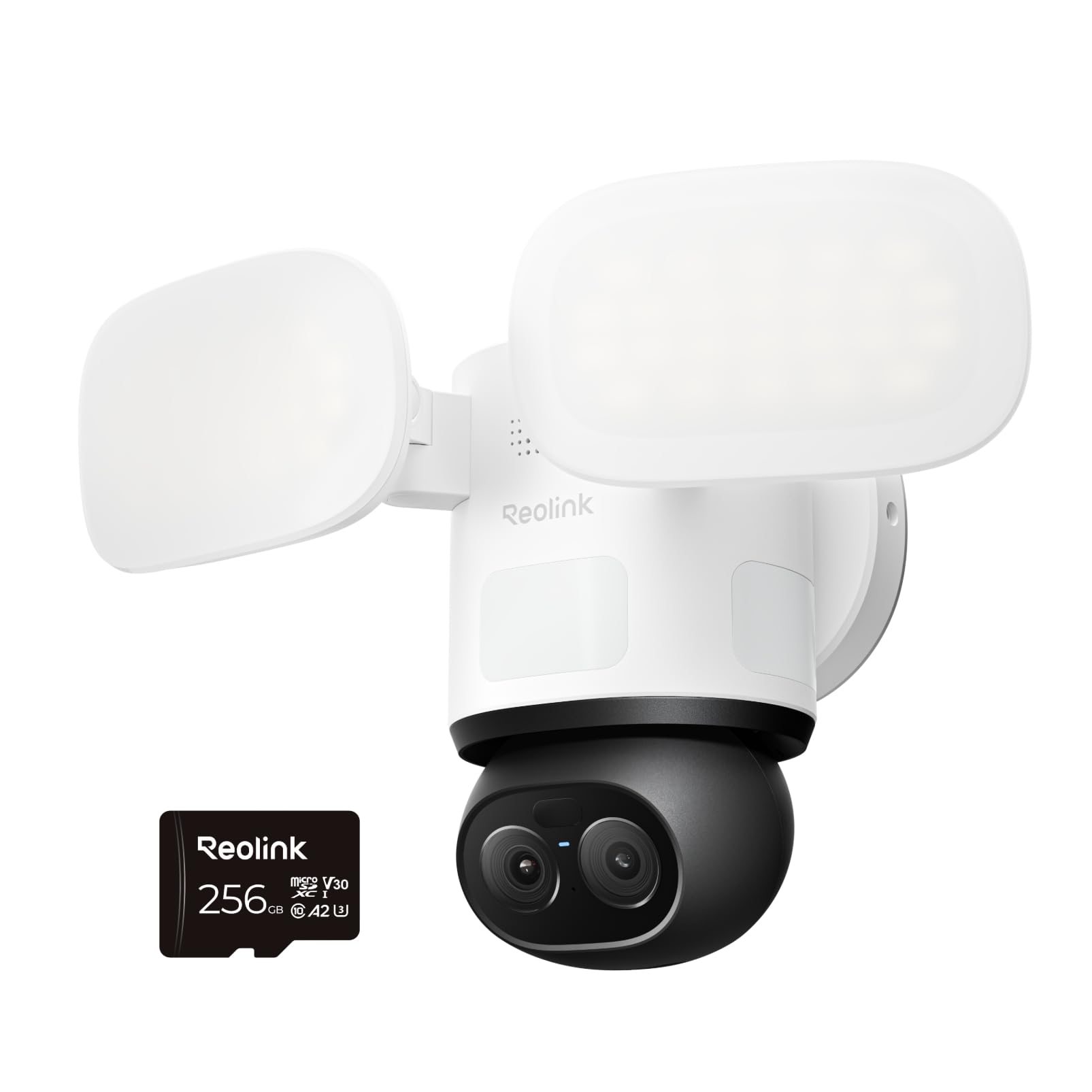 REOLINK TrackFlex Floodlight WiFi con paquete de tarjeta microSD de 256 GB, cámara reflectora de doble lente 4K, zoom híbrido PTZ 6X de 360°, 3000 lúmenes, Wi-Fi 6 de doble banda, seguimiento automático