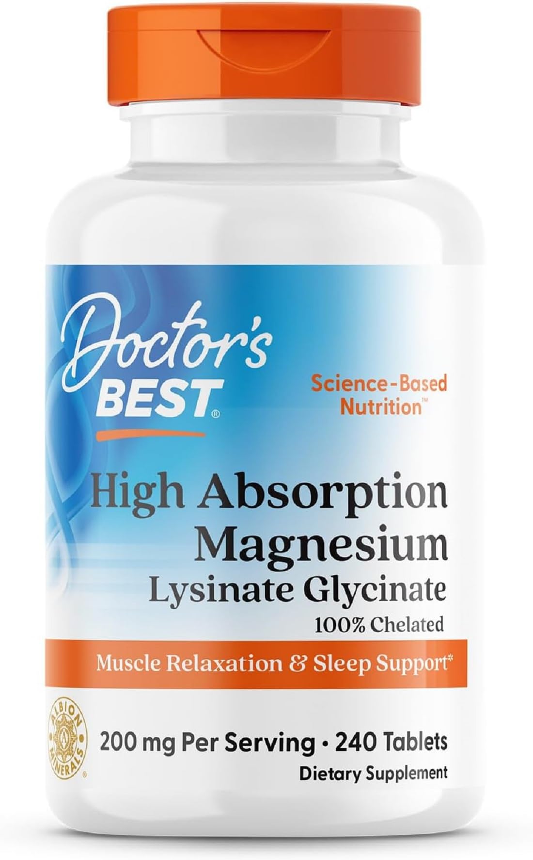 Doctor's Best Suplemento de lisinato de glicinato de magnesio de alta absorción para apoyo al sueño - Tabletas de magnesio quelado para mujeres y hombres, 200 mg por porción, apoya la calma y la relajación, vegano - 240 unidades