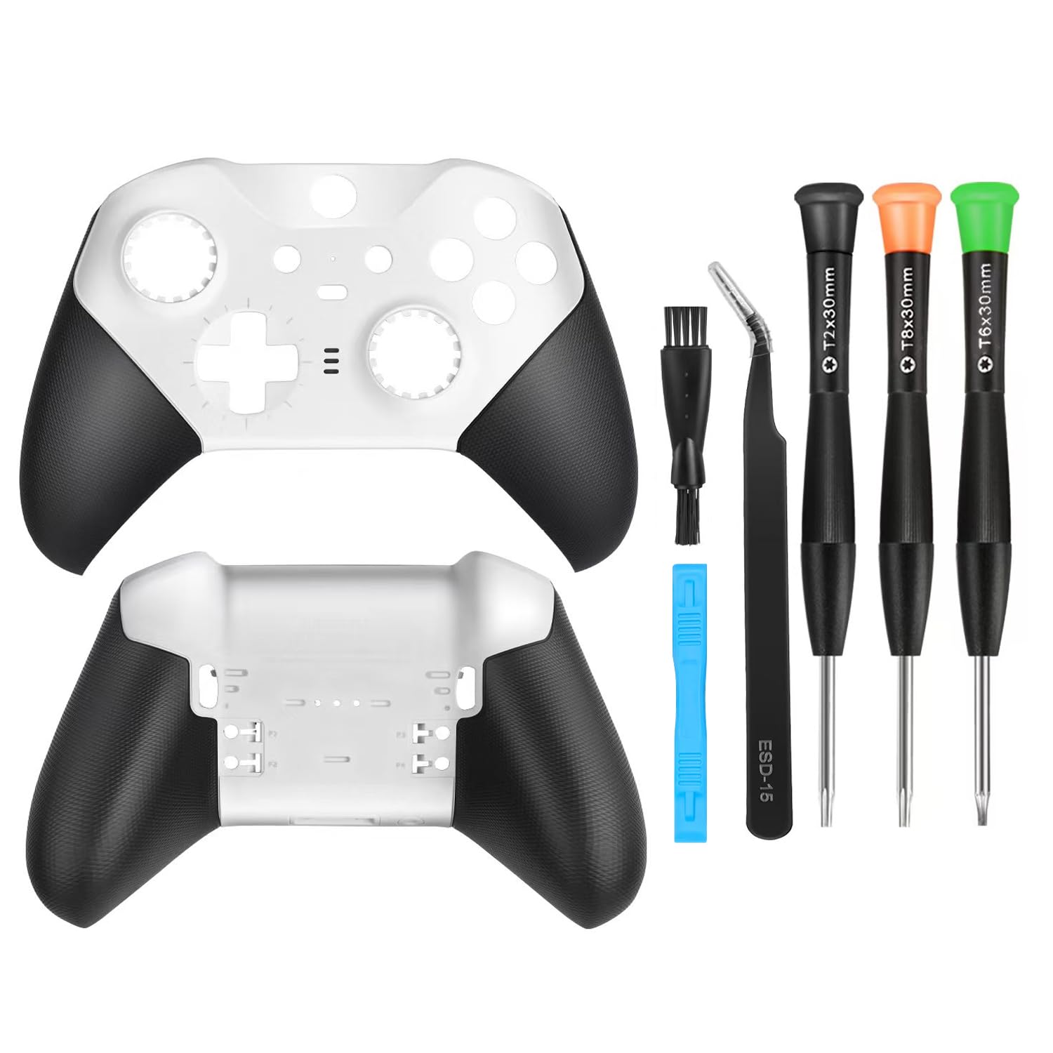 Kit de accesorios de piezas de reparación de repuesto de cubierta de agarre de placa frontal de carcasa trasera delantera para controlador Elite Series 2 (blanco)