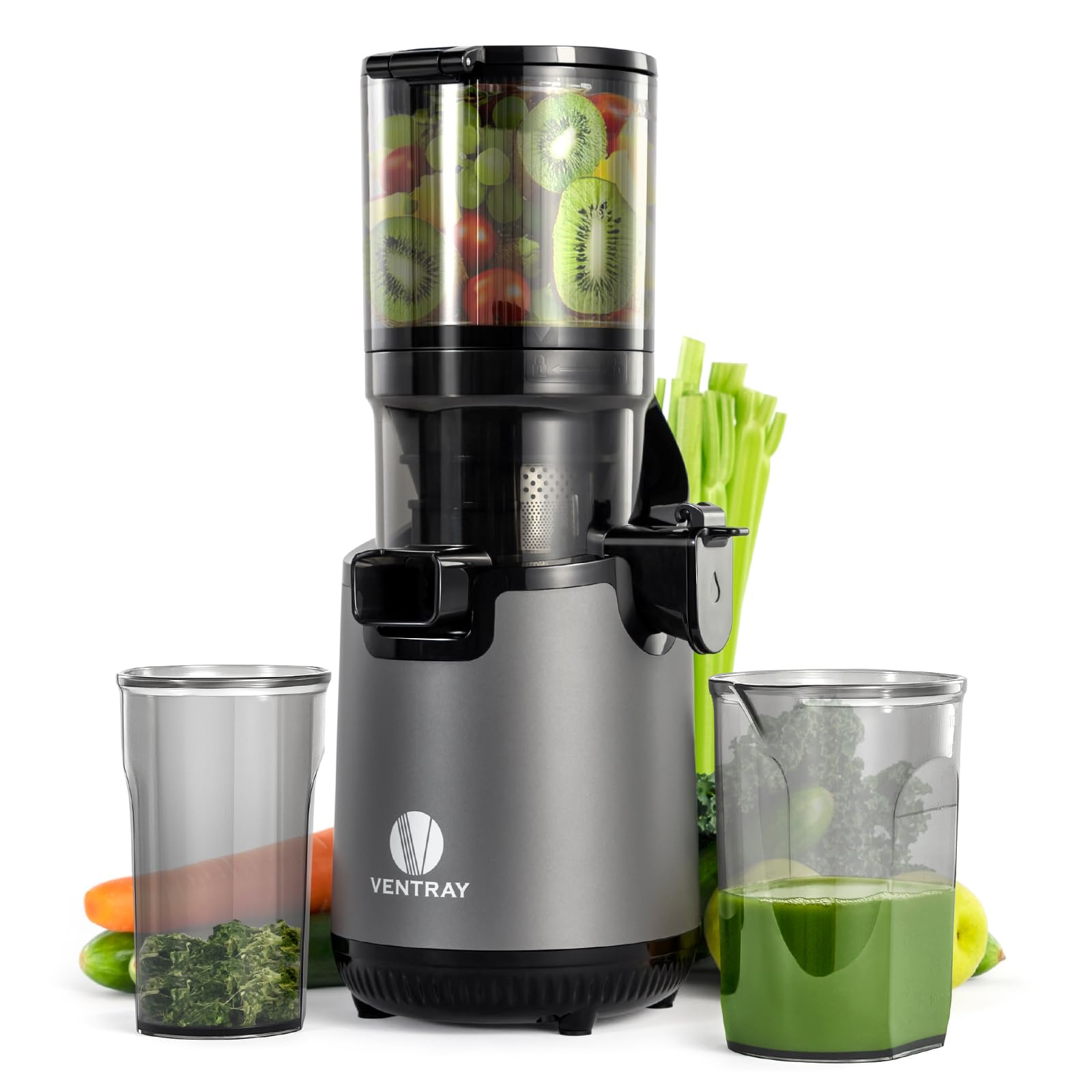 Ventray Exprimidor de prensa en frío, máquina exprimidora con conducto de alimentación extra grande de 5,12 pulgadas, exprimidor de masticación lenta para verduras y frutas enteras, alto rendimiento de jugo, fácil de limpiar con cepillo