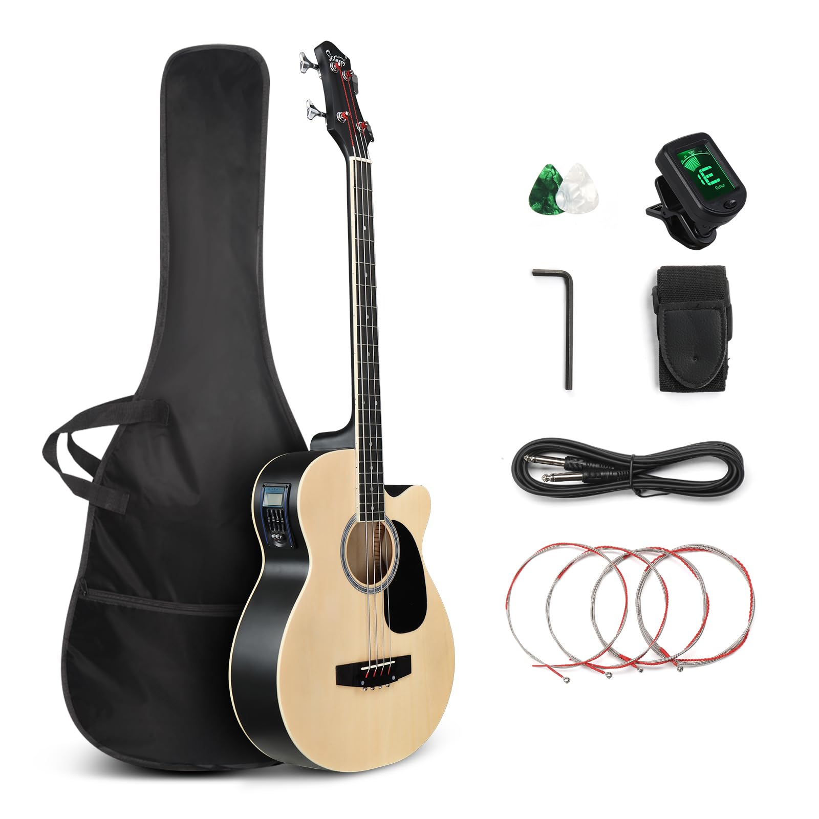 GLARRY Kit para principiantes de bajo eléctrico acústico de tamaño completo, bajo acústico eléctrico de 4 cuerdas con afinador incorporado, bolsa, correa, púas, cuerdas, bajo de tilo, natural mate