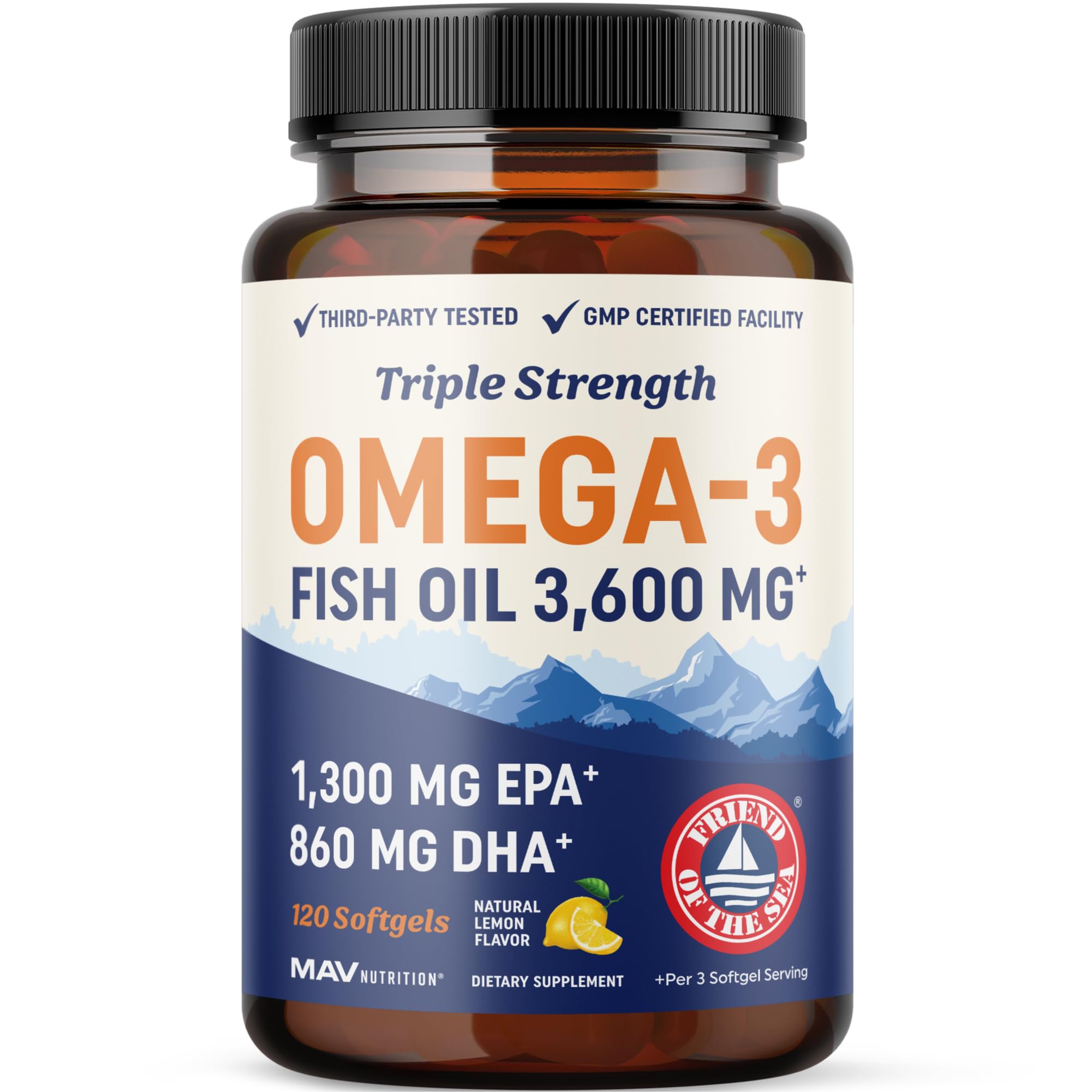 Aceite de pescado DHA Omega 3 de triple potencia 3600 mg | Más de 2100 mg de ácidos grasos omega-3 con 860 mg de DHA | 1300 mg de EPA | Los mejores ácidos grasos esenciales | Aceite de pescado premium capturado en estado salvaje y sin eructos | 120 quilates,