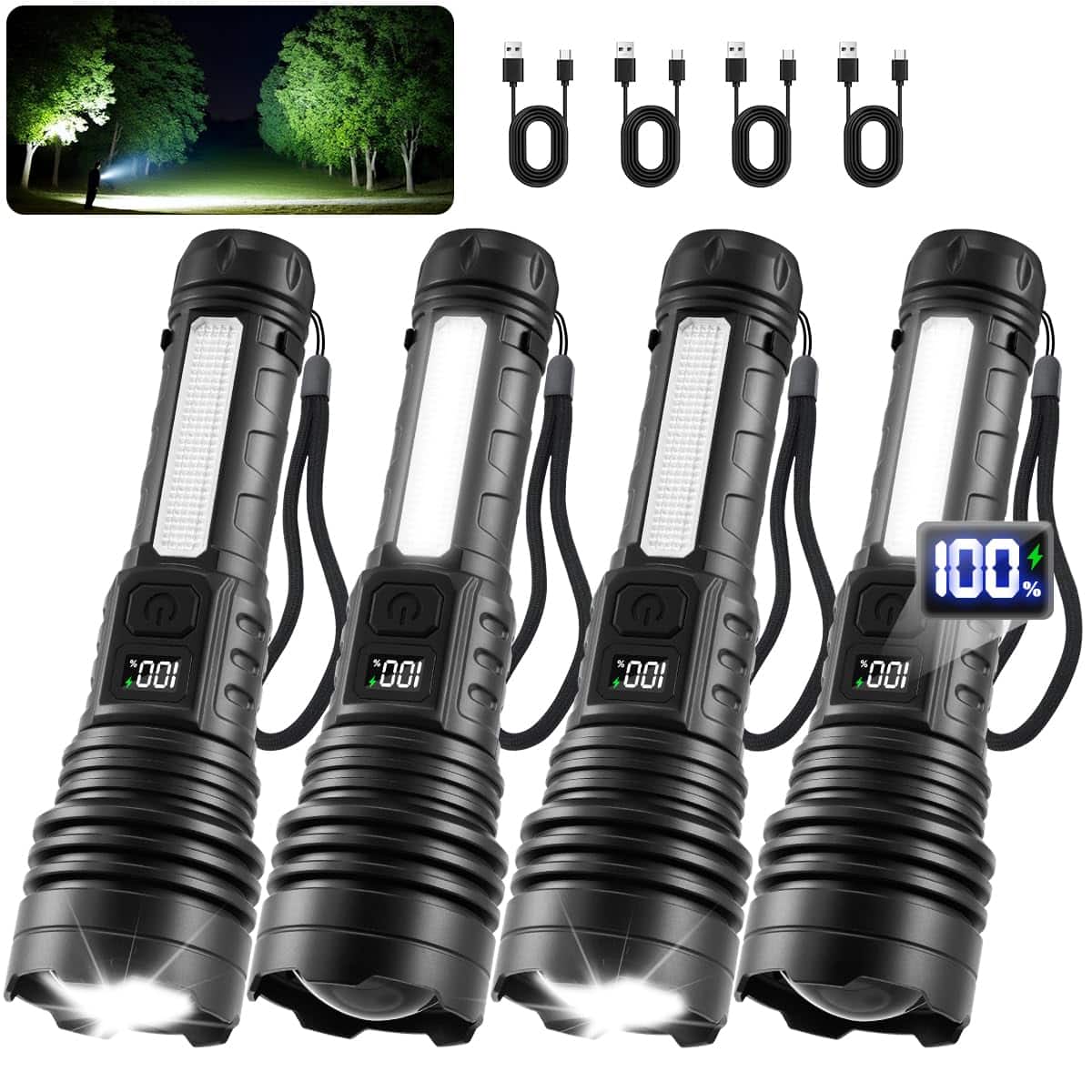 Paquete de 4 linternas de alto lúmenes 9900FL, linterna de 7 modos recargable con pantalla digital LCD, linternas recargables con luz COB, linterna súper brillante ajustable, potente luz de flash táctica