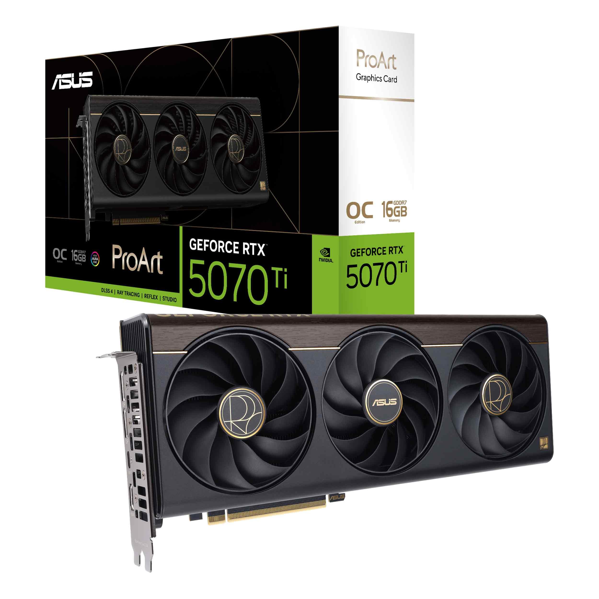Tarjeta gráfica ASUS ProArt GeForce RTX™ 5070 Ti OC Edition (PCIe® 5,0, 16 GB GDDR7, USB Type-C®, HDMI®/DP 2,1, 2,5 ranuras, ventiladores de tecnología axial, cámara de vapor, almohadilla térmica GPU de cambio de fase)