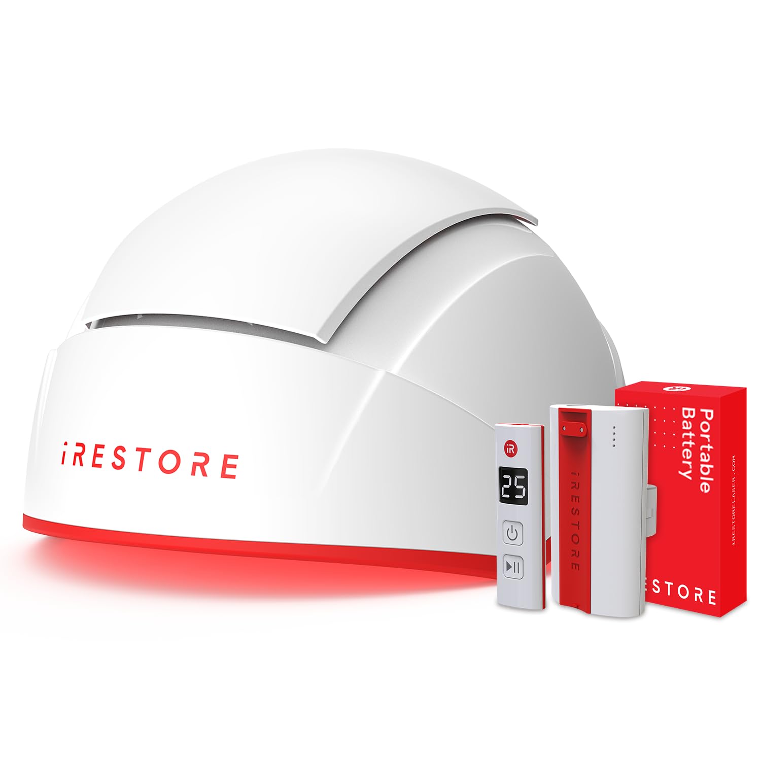 iRestore Professional + Paquete de batería recargable - Terapia de luz roja láser para el crecimiento del cabello - Tratamiento de adelgazamiento y pérdida de cabello aprobado por la FDA para hombres y mujeres - Gorro para el crecimiento del cabello - 282 láseres y LED