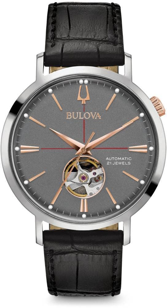 Bulova Reloj clásico Aerojet automático de 3 manecillas con correa de cuero, apertura abierta, reserva de marcha de 40 horas, cristal mineral doble curvado, 41 mm Estilo: 98A187