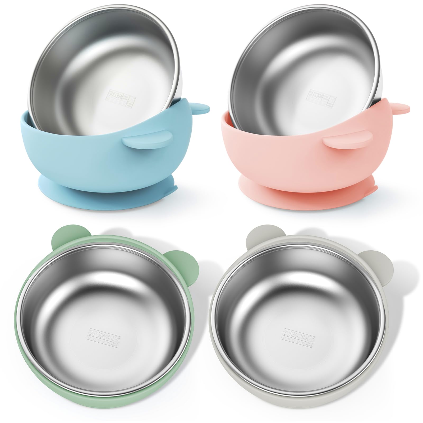 Bakpoco Cuencos para bebés de acero inoxidable con succión, cuenco 2 en 1 SUS304 para niños pequeños y cuenco para niños con ventosa de silicona extraíble, recipiente para refrigerios no tóxico para alimentación de alimentos para bebés, azul suave/salvia/rosa/gris, juego de 4