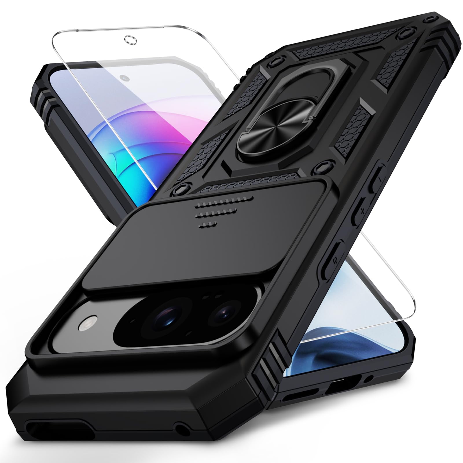Funda para Google Pixel 9, funda Pixel 9 Pro, cubierta de lente deslizante, protector de pantalla HD, protección contra caídas de grado militar, soporte de anillo giratorio magnético con función atril (negro)