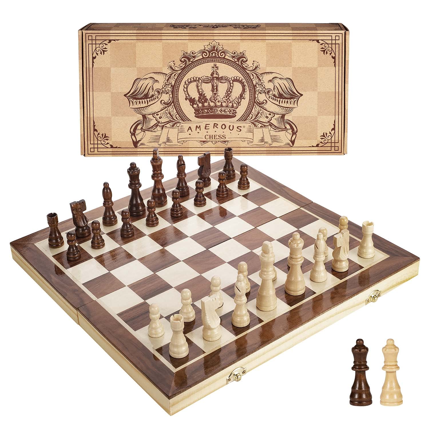 AMEROUS Juego de ajedrez magnético de madera de 15 pulgadas – 2 reinas adicionales – Tablero plegable – Ranuras de almacenamiento de piezas, juego de ajedrez de viaje portátil hecho a mano – Juego de ajedrez para principiantes para niños, 6 años en adelante
