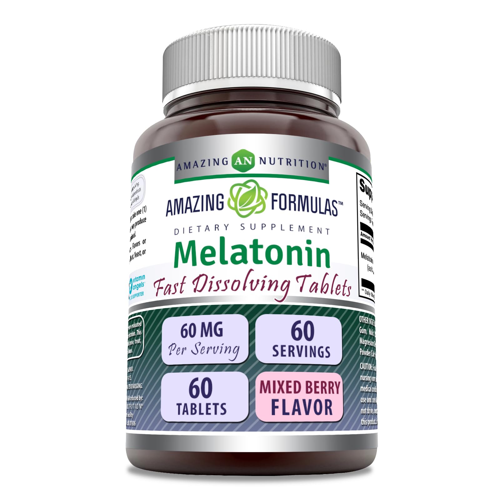 Amazing Formulas Suplemento de melatonina de rápida disolución | 60 mg por porción | Sabor a bayas mixtas | 60 tabletas | Sin OGM | Sin gluten | Hecho en EE.UU.