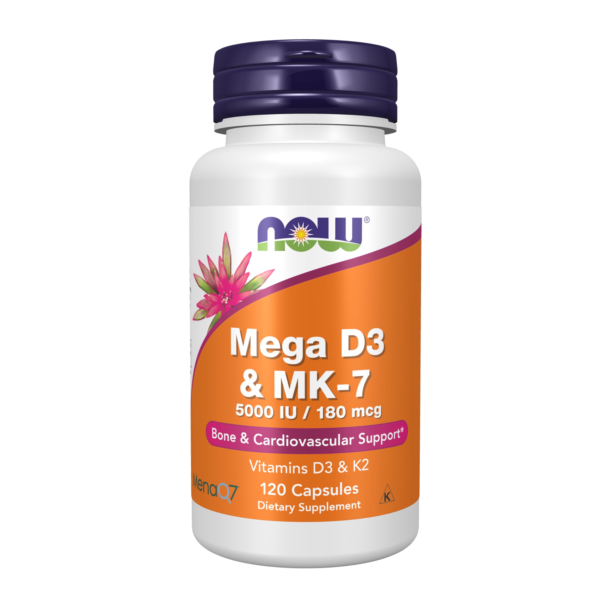 Suplementos NOW, Mega D-3 y MK-7, 5000 UI/180 mcg, soporte óseo y cardiovascular*, vitaminas K-3 y K-2, 120 cápsulas
