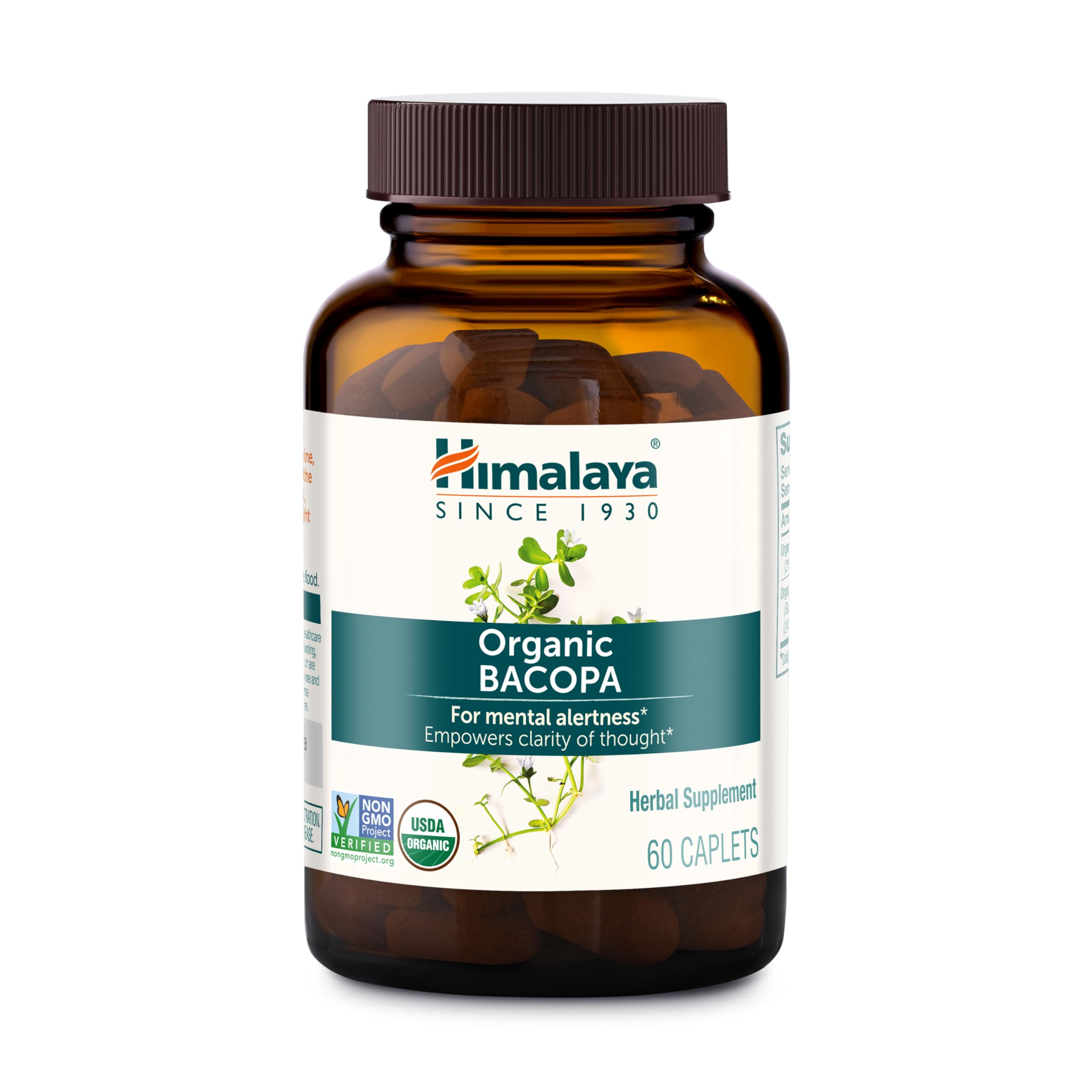 Suplemento herbario nootrópico Bacopa Monnieri orgánico de Himalaya, respalda la calma, la memoria y la cognición, orgánico certificado por el USDA, sin OGM, 750 mg, 60 cápsulas a base de plantas, suministro para 60 días