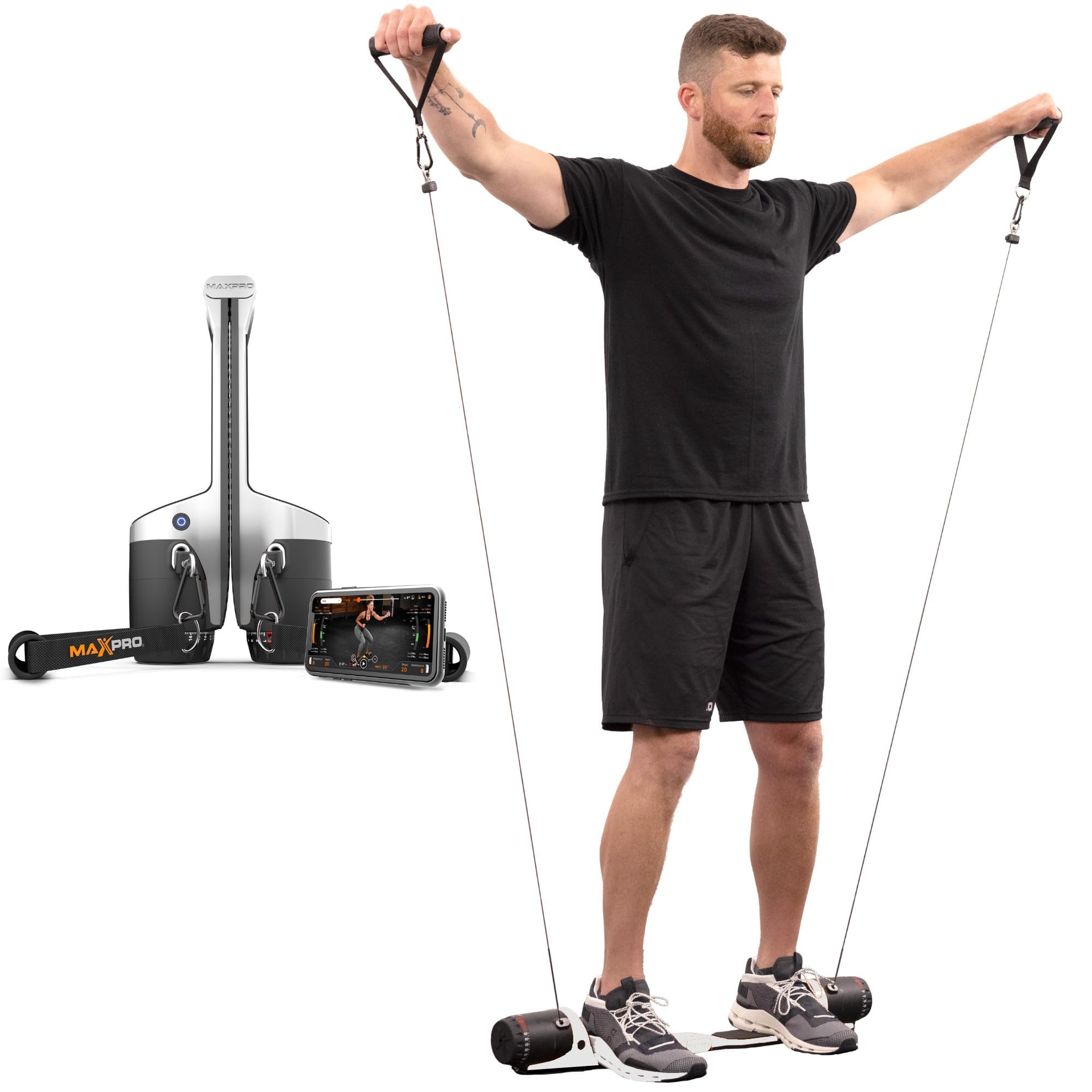 MAXPRO Fitness: Gimnasio en casa con cable | Como se ve en Shark Tank | Versátil, portátil, conectado por Bluetooth | Fuerza, HIIT, cardio, pliométrico, potente resistencia de 5 a 300 libras, solo SmartConnect de metal crudo