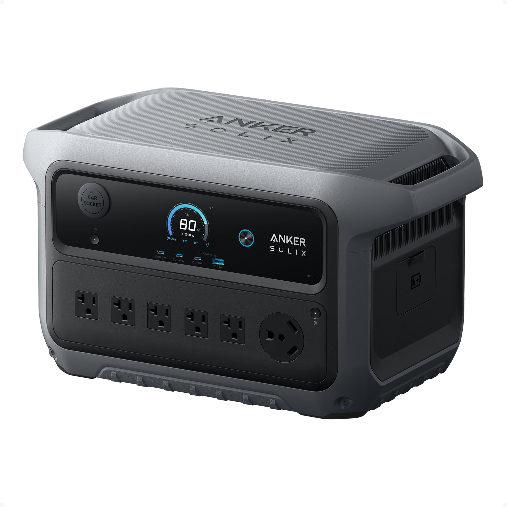 Estación de energía portátil Anker SOLIX C2000 Gen 2, generador solar de 2400 W (pico 4000 W), carga completa en 58 minutos, batería LiFePO4 de 2048 Wh para respaldo en el hogar, cortes de energía y campamentos (panel solar opcional)
