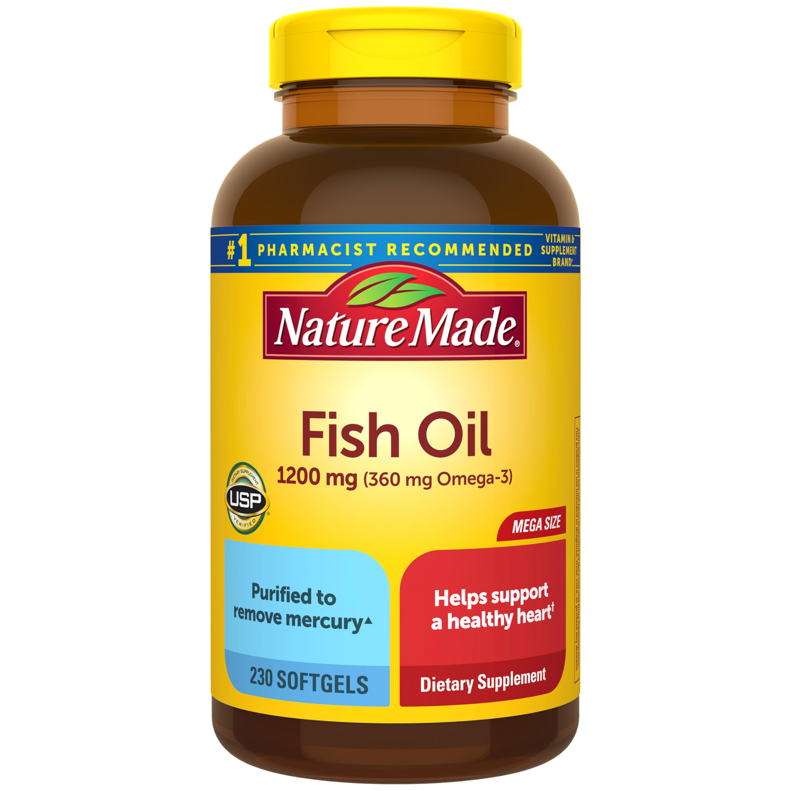 Suplementos de omega 3 de aceite de pescado Nature Made, cápsulas blandas de 1200 mg, aceite de pescado Omega 3 para un apoyo saludable del corazón, 230 cápsulas blandas, suministro para 115 días