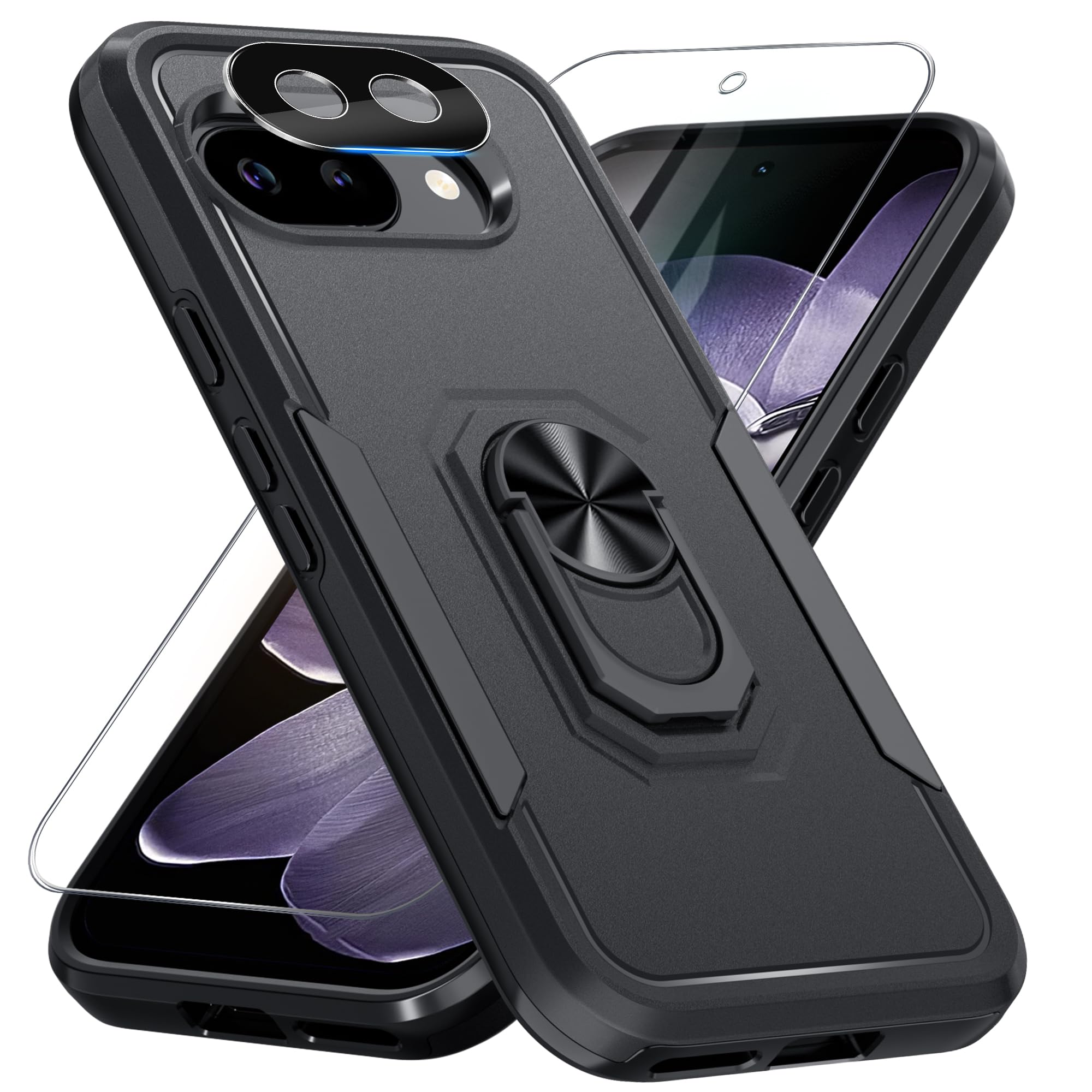 Funda para Google Pixel 9a con protector de pantalla+protector de lente de cámara, resistente a los golpes, cubierta protectora de cuerpo completo con soporte de anillo de metal giratorio, 2025 negro mate