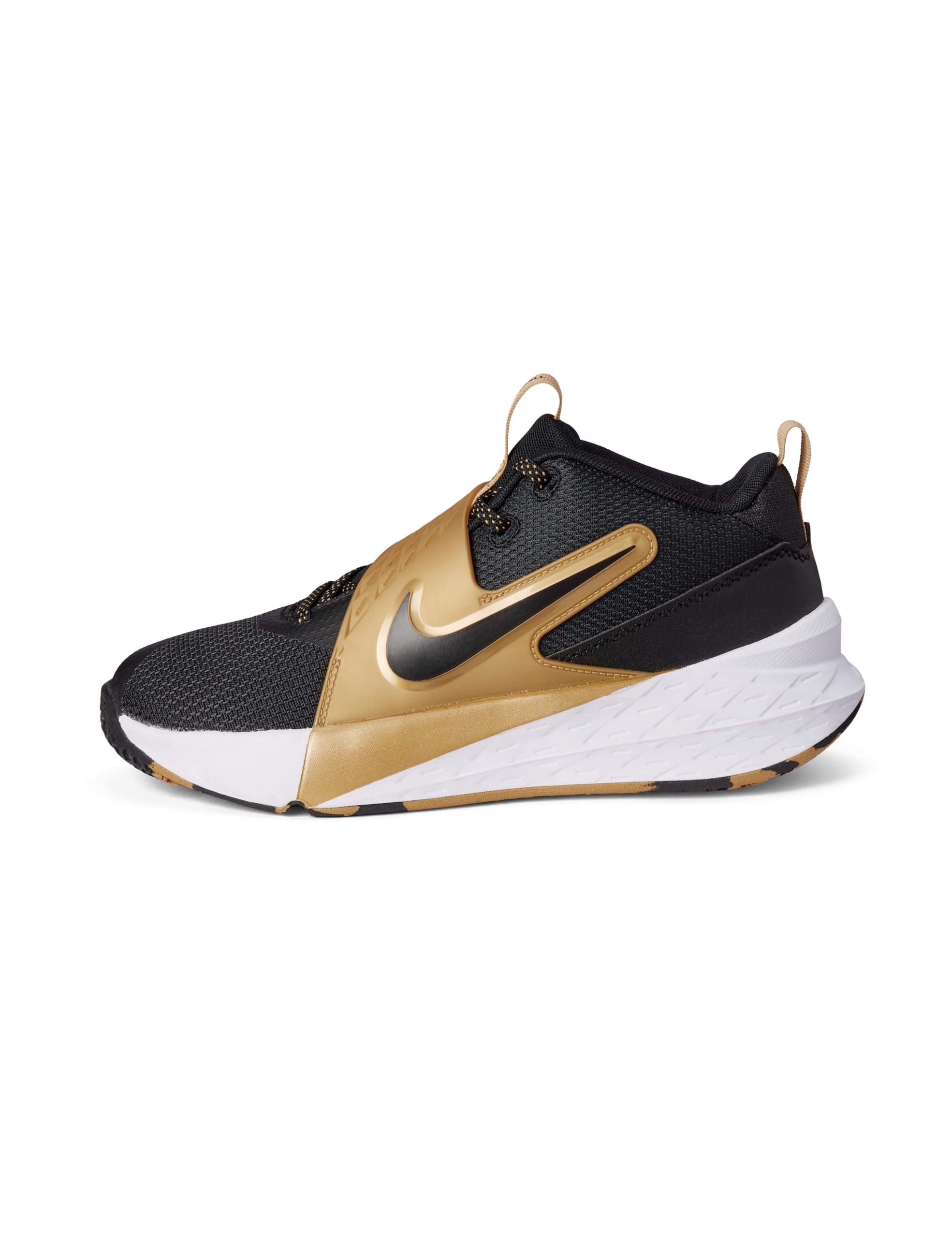 Nike Team Hustle D - Zapatillas de baloncesto para niños grandes, negro/negro-oro metálico-blanco, 5 años