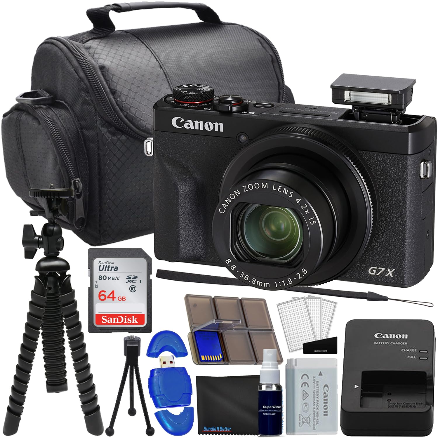 Paquete de cámara digital Canon PowerShot G7 X Mark III (negro) con memoria de 64 GB, trípode Spider Flex, lector de tarjetas USB de alta velocidad + kit fotográfico completo (20 artículos)