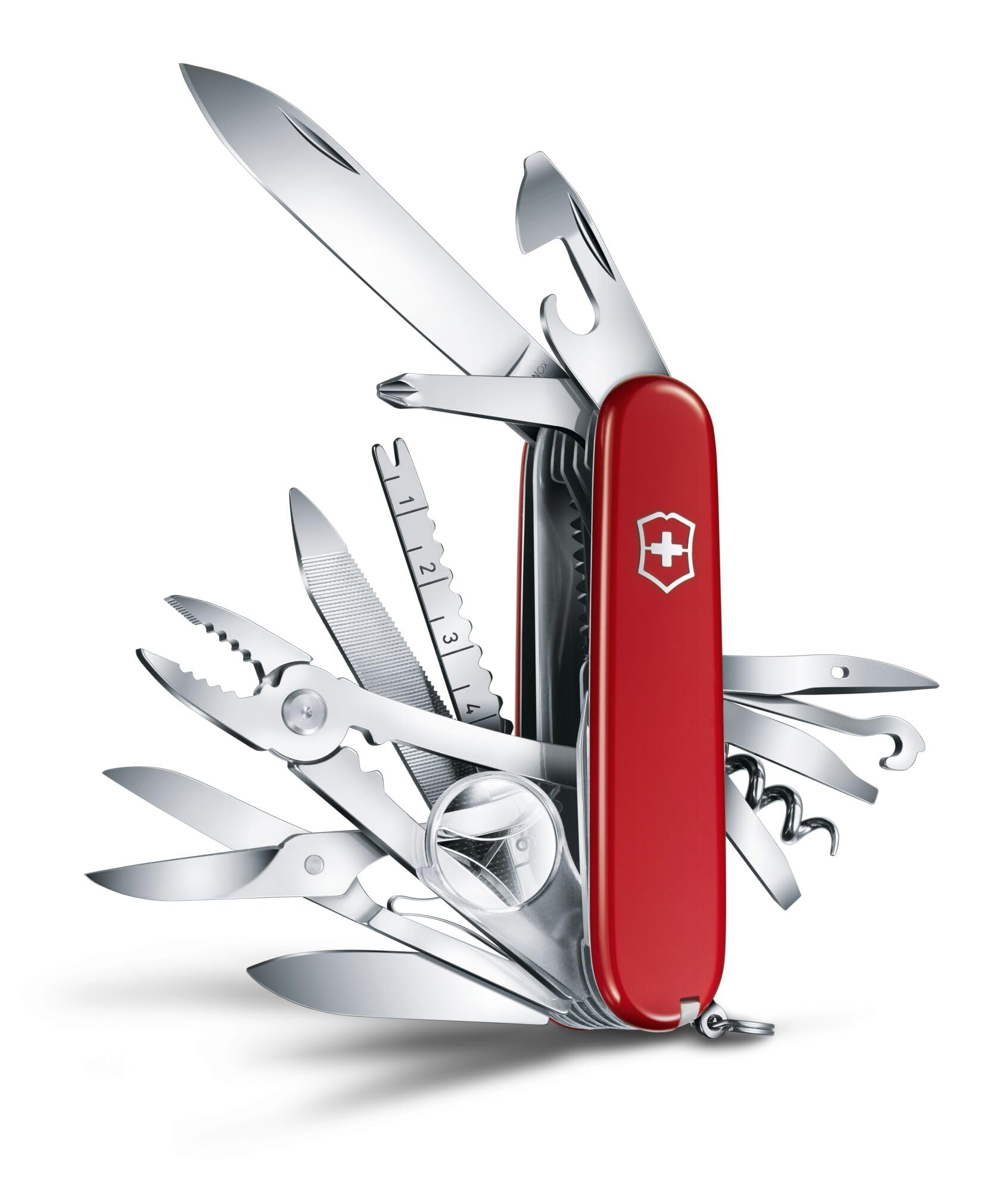 Victorinox Swiss Champ Navaja suiza, 33 funciones, navaja de bolsillo fabricada en Suiza con hoja grande, destornillador, cincel y alicates combinados, color rojo