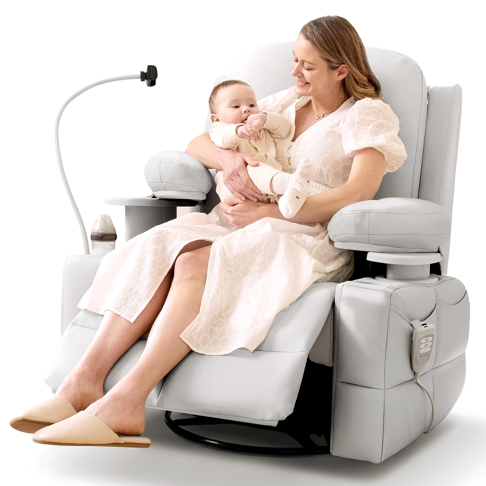 MAMAZING Mecedora reclinable Lullapod Power para guardería, sillón reclinable eléctrico de triple motor con reposabrazos HugAssist, deslizador giratorio de 270° y mecedora silenciosa para guardería con doble puerto de carga y almacenamiento