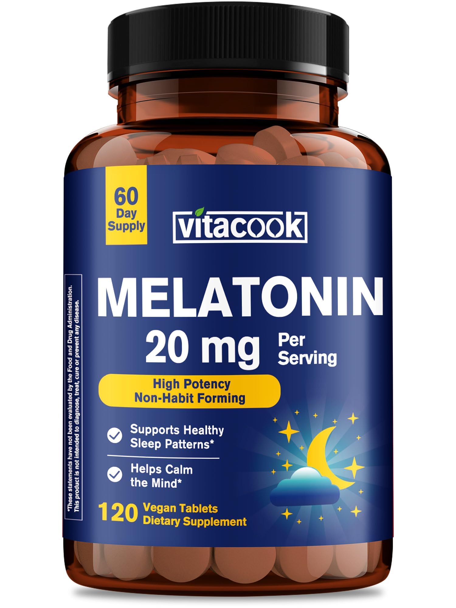 Vitacook Melatonina 20 mg tabletas veganas, suplemento de sueño extra fuerte, sin formación de hábitos, apoya el ciclo natural del sueño del cuerpo, 120 ct