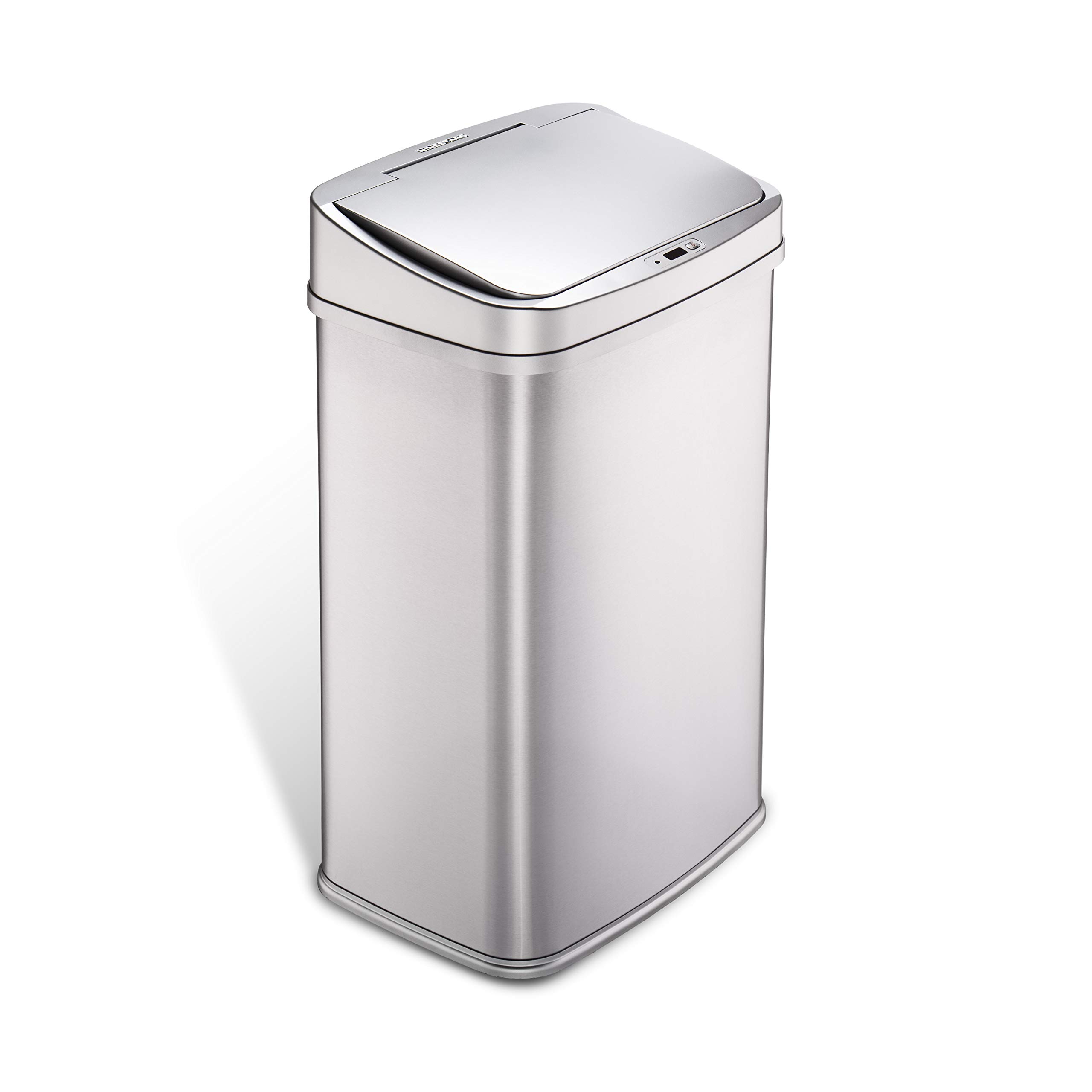 Ninestars Cubo de basura automático de 13 galones, cubo de basura con sensor de movimiento sin contacto de 50 litros con tapa de sellado de olores, acero inoxidable rectangular, borde plateado