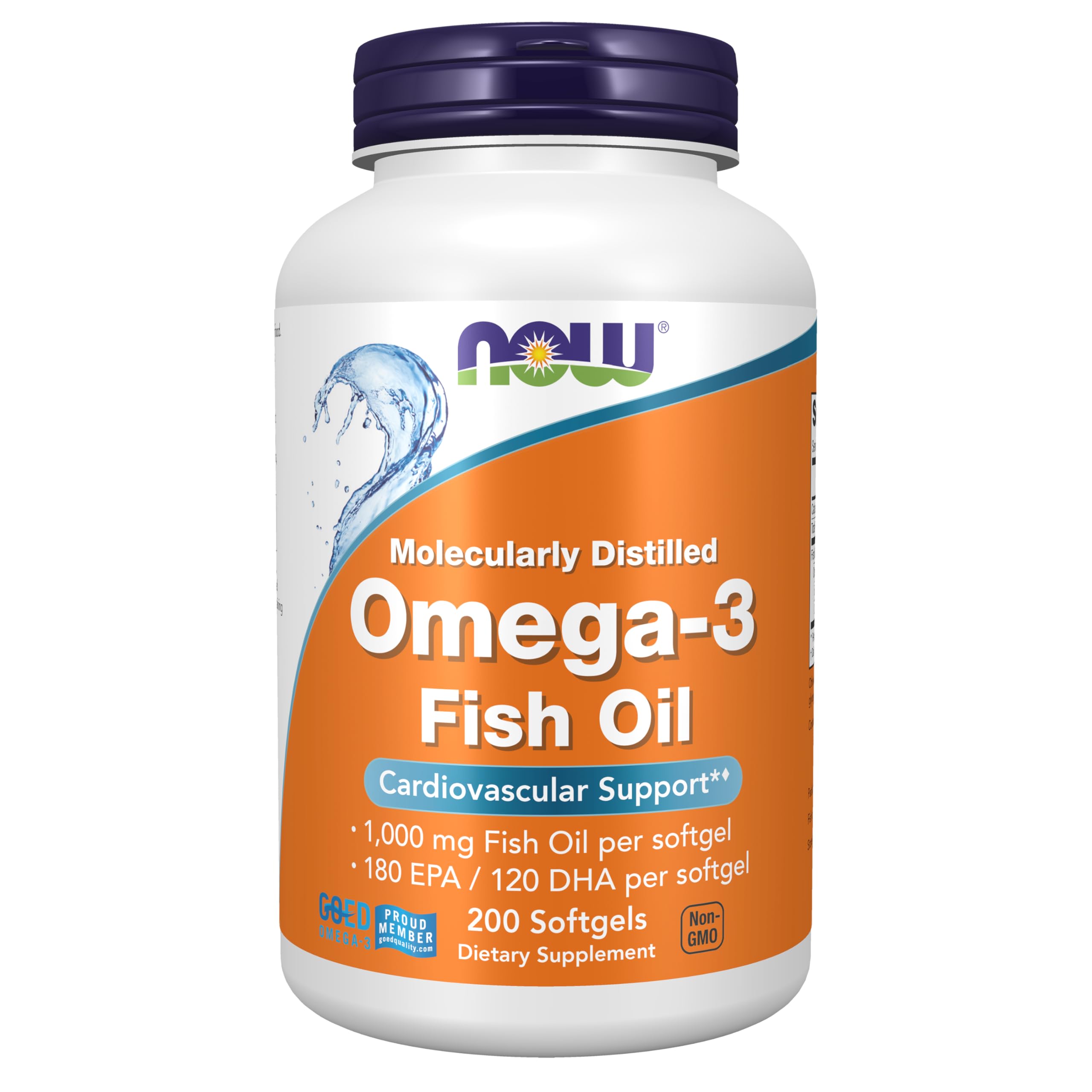 Suplementos de NOW Foods, Omega-3 180 EPA / 120 DHA, destilado molecularmente, soporte cardiovascular*, 200 cápsulas blandas