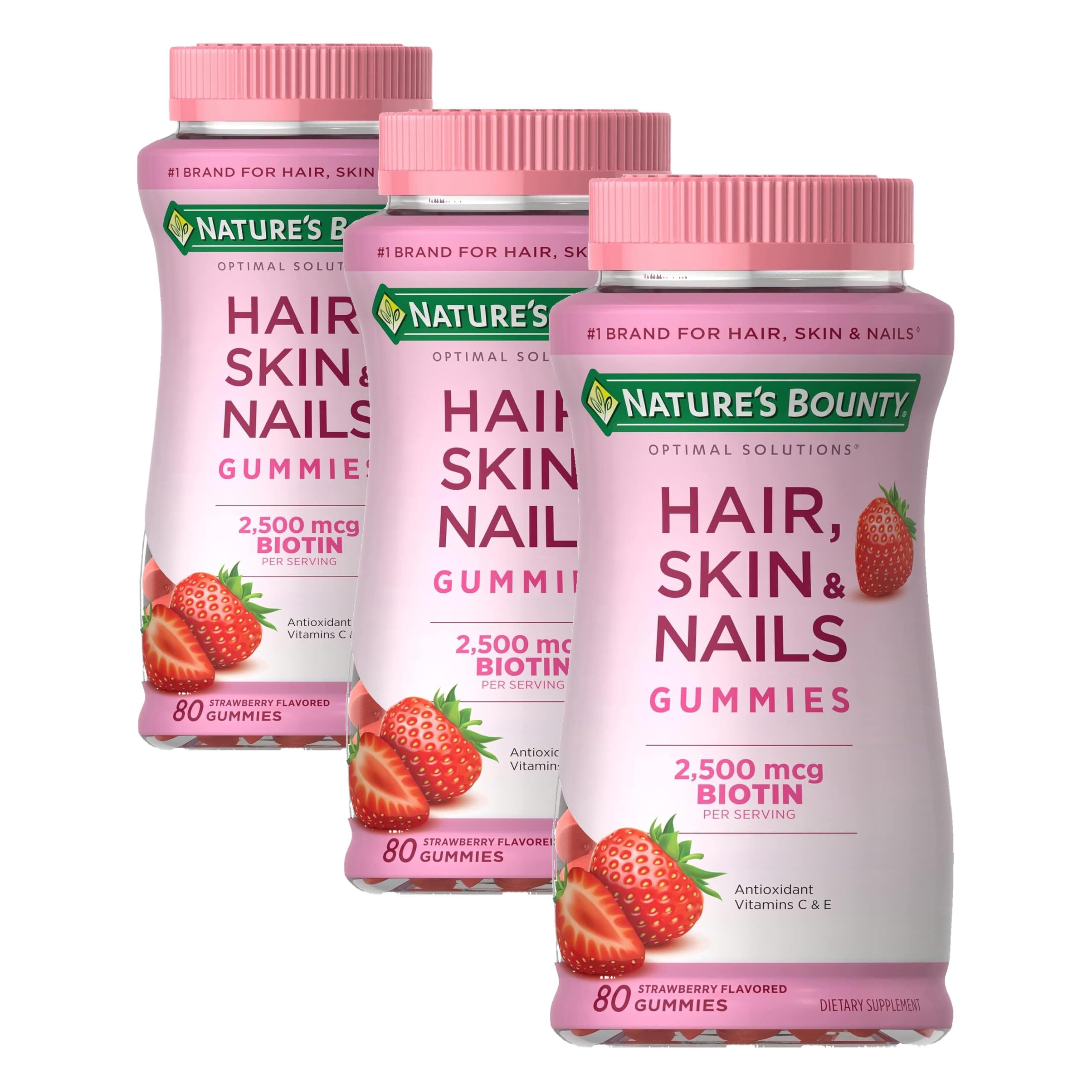 Nature's Bounty Optimal Solutions Gomitas de vitamina para cabello, piel y uñas con biotina, 2500 mcg, fresa, 80 unidades (paquete de 3)