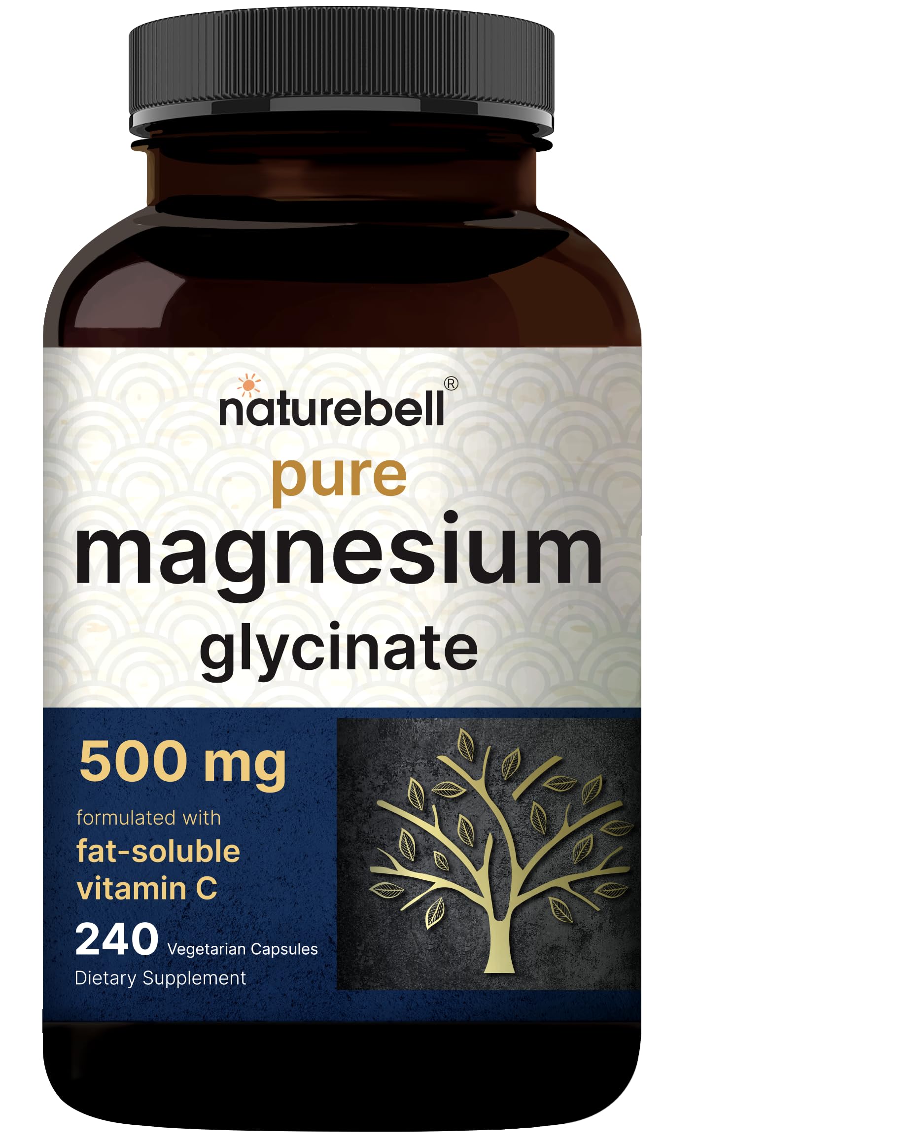 Naturebell Glicinato de magnesio puro 500 mg, 240 cápsulas vegetales | 100 % quelado y purificado: probado por terceros, apto para veganos, sin OGM y sin rellenos