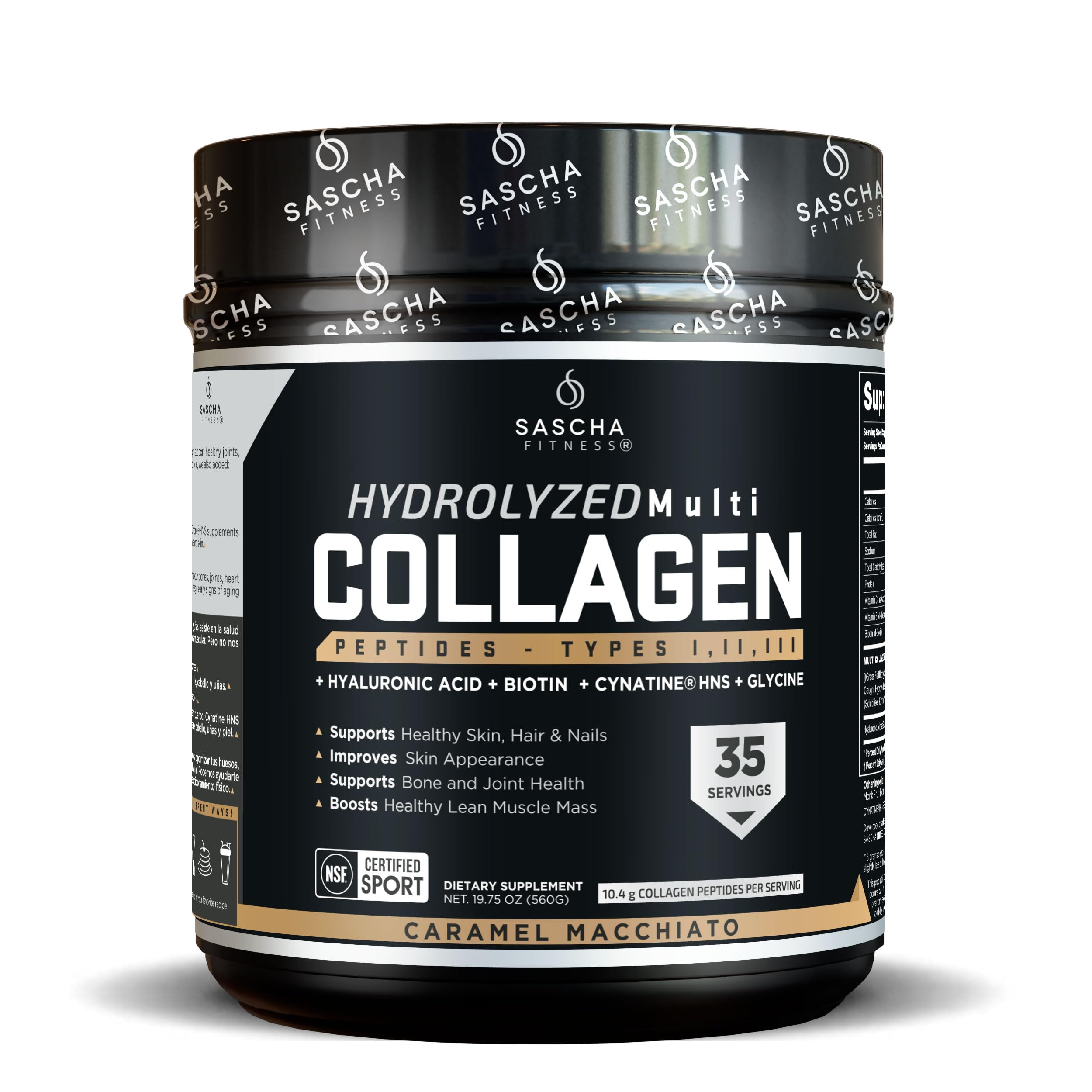 SASCHA FITNESS Péptidos multicolágeno hidrolizados tipos 1,2 y 3 |Ácido hialurónico|Biotina |Cinatina HSN|Vitamina C y E |para soporte de cabello, piel y huesos|Caramelo Macchiato