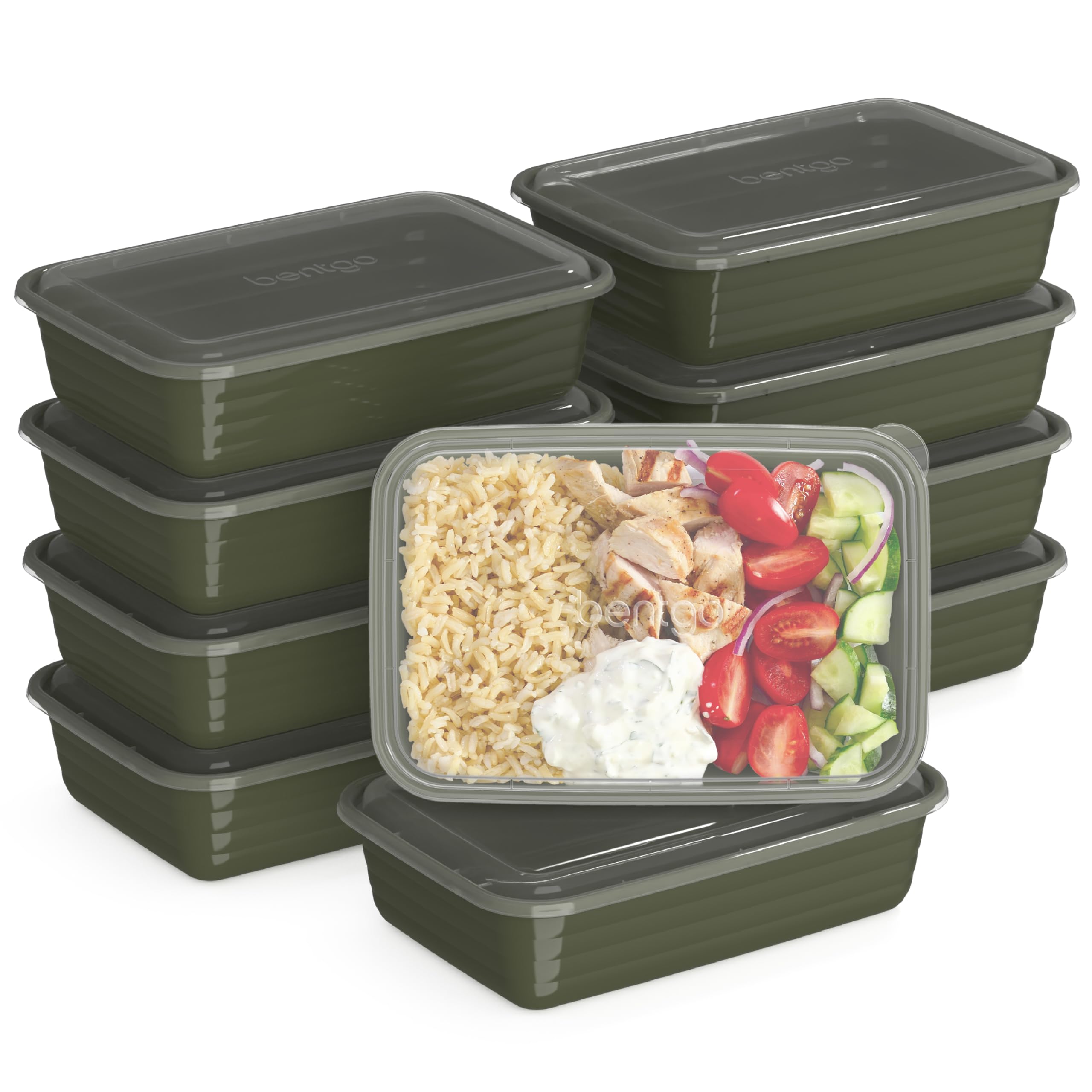 Bentgo Prep - Recipientes reutilizables para preparación de comidas de 20 piezas con 1 compartimento con tapas, materiales libres de PFAS y BPA, duraderos, aptos para microondas, congelador y lavavajillas para almacenamiento de alimentos (verde caqui)