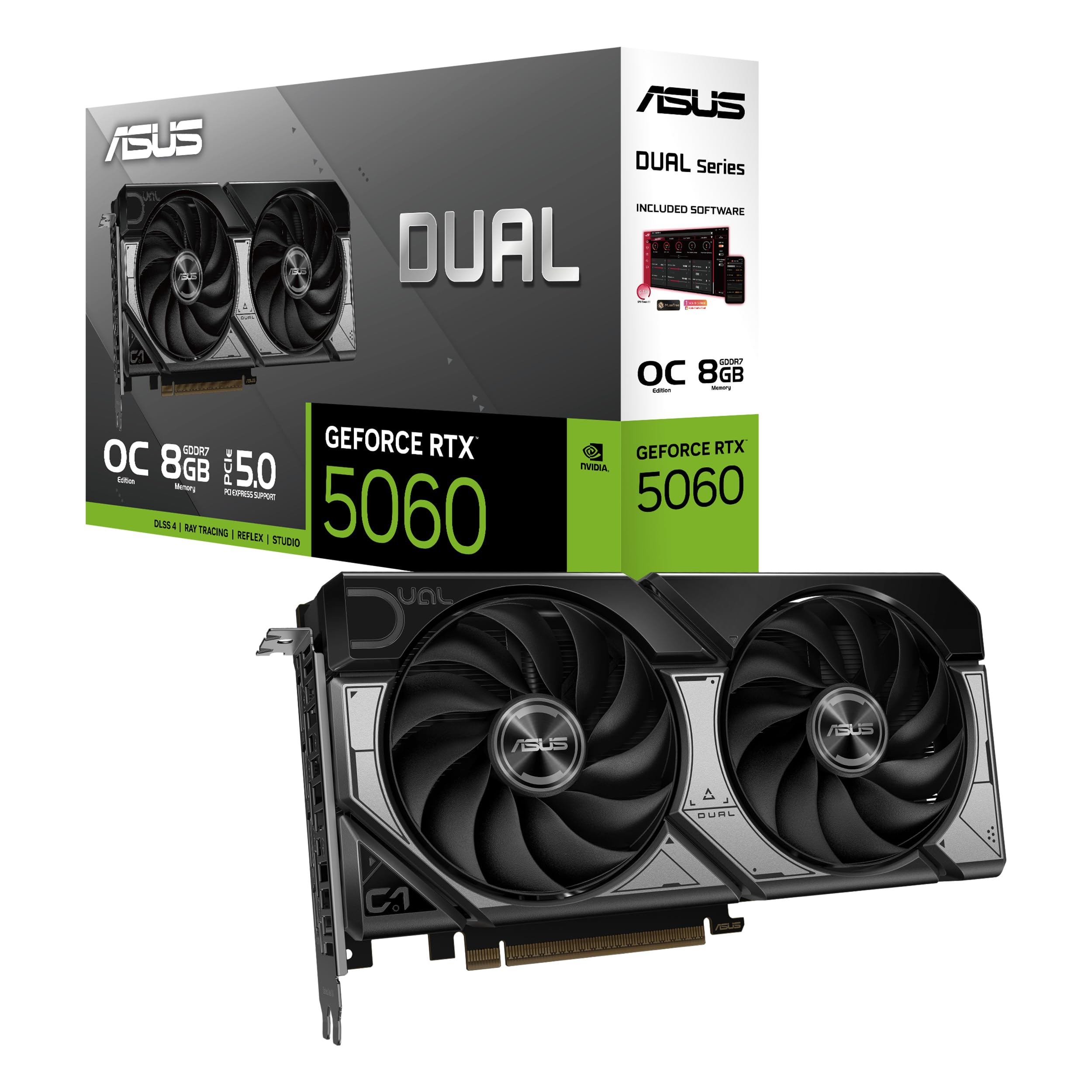 ASUS Dual GeForce RTX™ 5060 8GB GDDR7 OC Edition (PCIe 5,0, 8GB GDDR7, DLSS 4, HDMI 2,1b, DisplayPort 2,1b, diseño de 2,5 ranuras, diseño de ventilador de tecnología axial, tecnología 0dB y más)