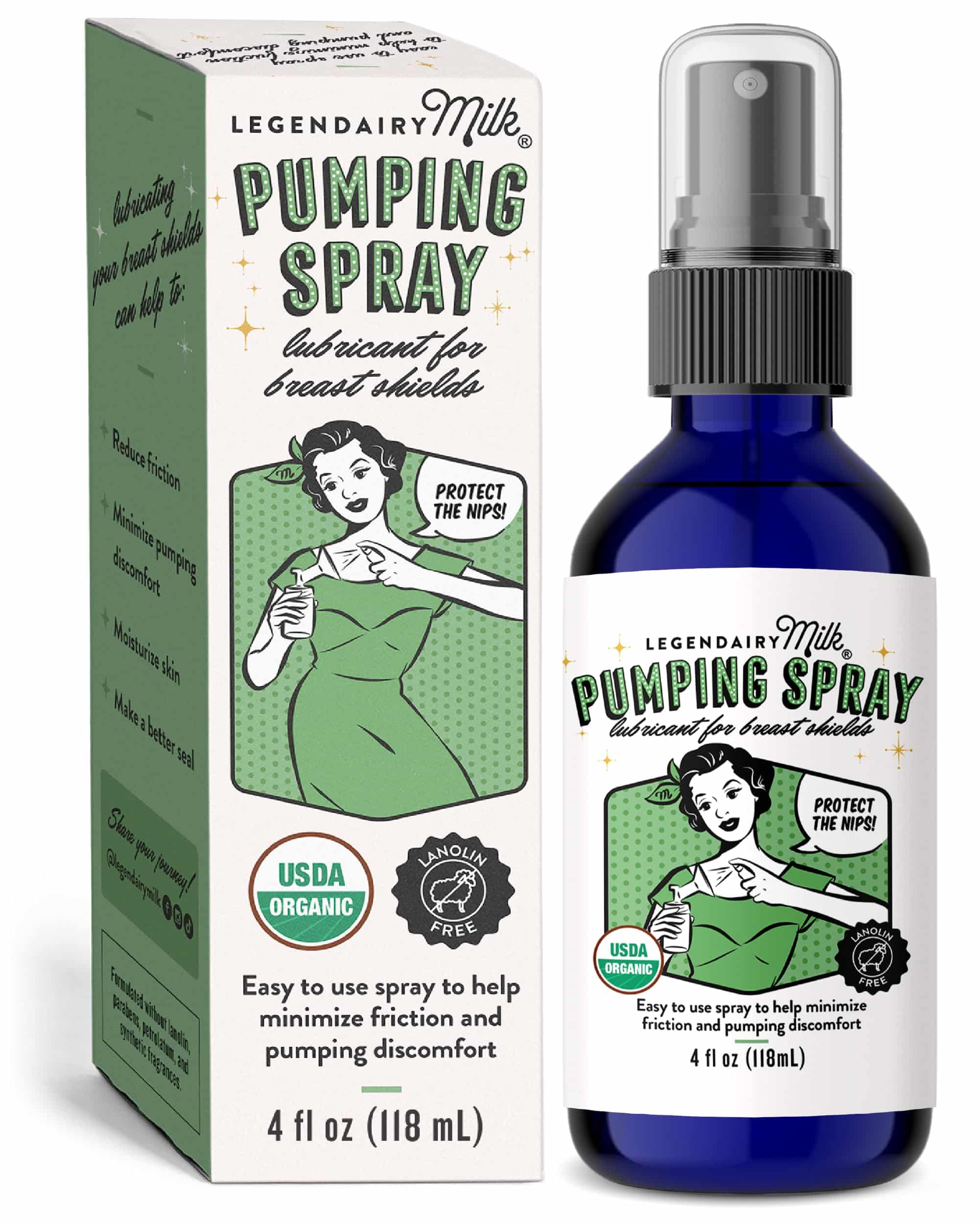 Legendairy Spray de bombeo de leche de 4 oz, ayuda a los pezones doloridos y conductos obstruidos, lubricante orgánico para protectores mamarios y bridas, spray vegano para extractor de leche, natural y sin lanolina, fabricado en Estados Unidos