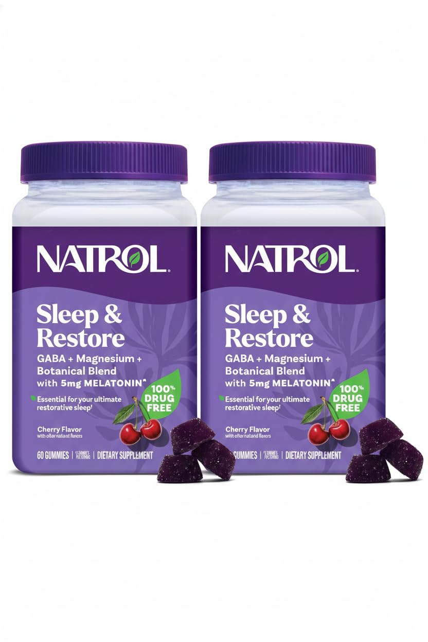 Natrol Sleep + Restore Gomitas de mezcla de glicinato de magnesio con melatonina 5 mg - Magnesio tranquilo con GABA, mezcla botánica, sabor a cereza, 60 gomitas (paquete de 2)