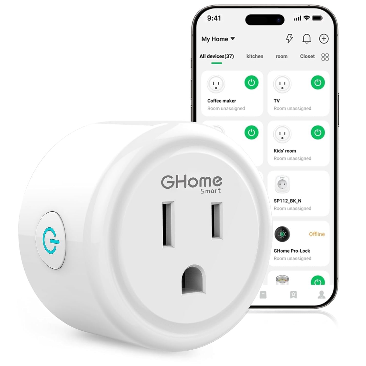 GHome Smart Plug, WiFi Smart Plugs funcionan con Alexa y Google Home, temporizador de salida inteligente con control de aplicación remota, solo Wi-Fi de 2,4 GHz, no requiere concentrador, lista ETL FCC, blanco