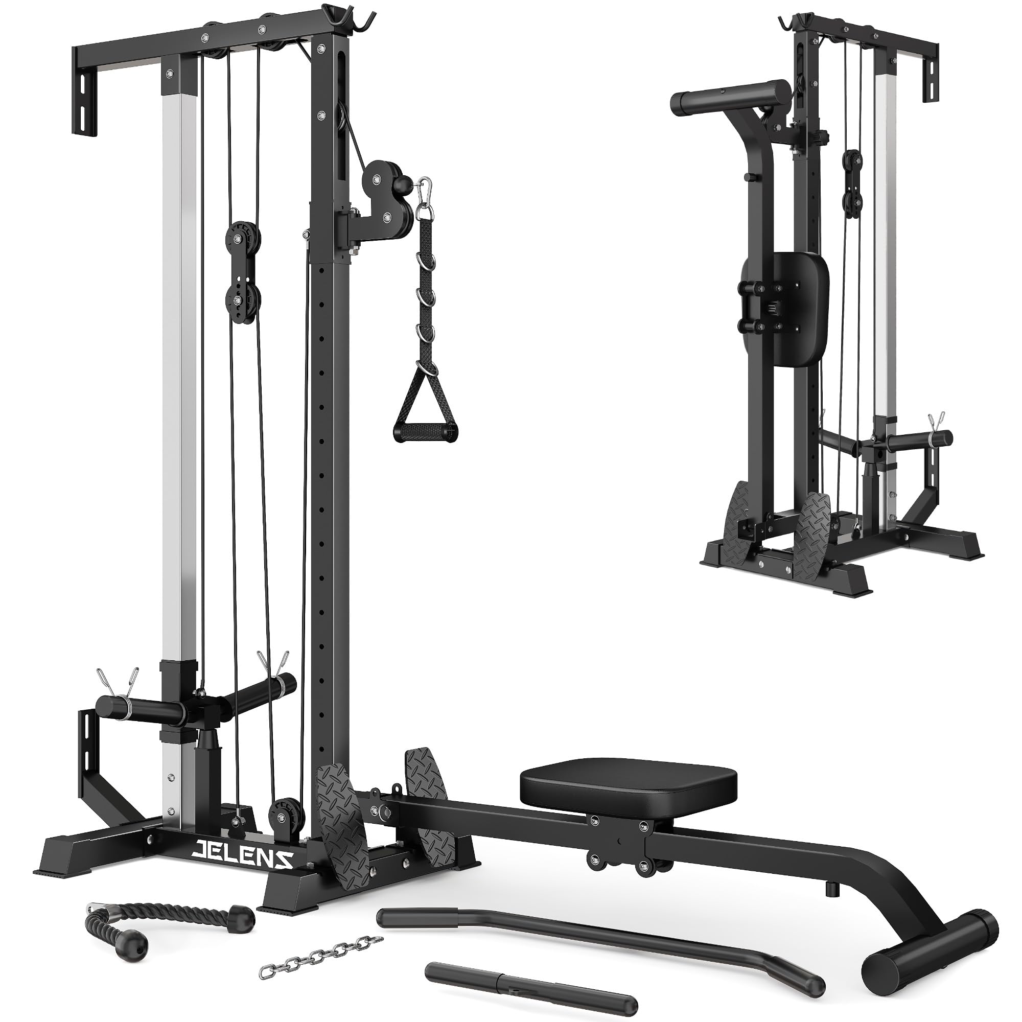 JELENS RC01 Máquina de Pulldown LAT Plegable con Asiento Ajustable, Estación de Cable de Montaje en Pared con 16 Posiciones Ajustables, Máquina de Cable Gimnasio en Casa 2 en 1 (Negro, Clásico)