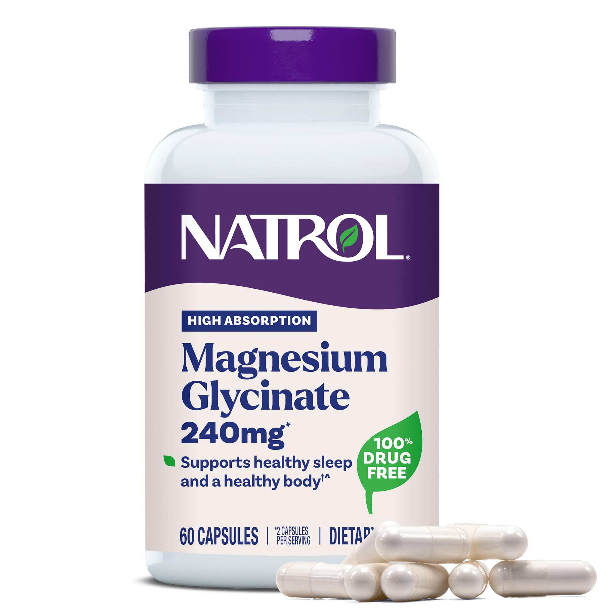 Suplementos de glicinato de magnesio Natrol 240 mg - Alta absorción - Glicinato de magnesio tranquilo para dormir - 60 cápsulas, suministro para 30 días