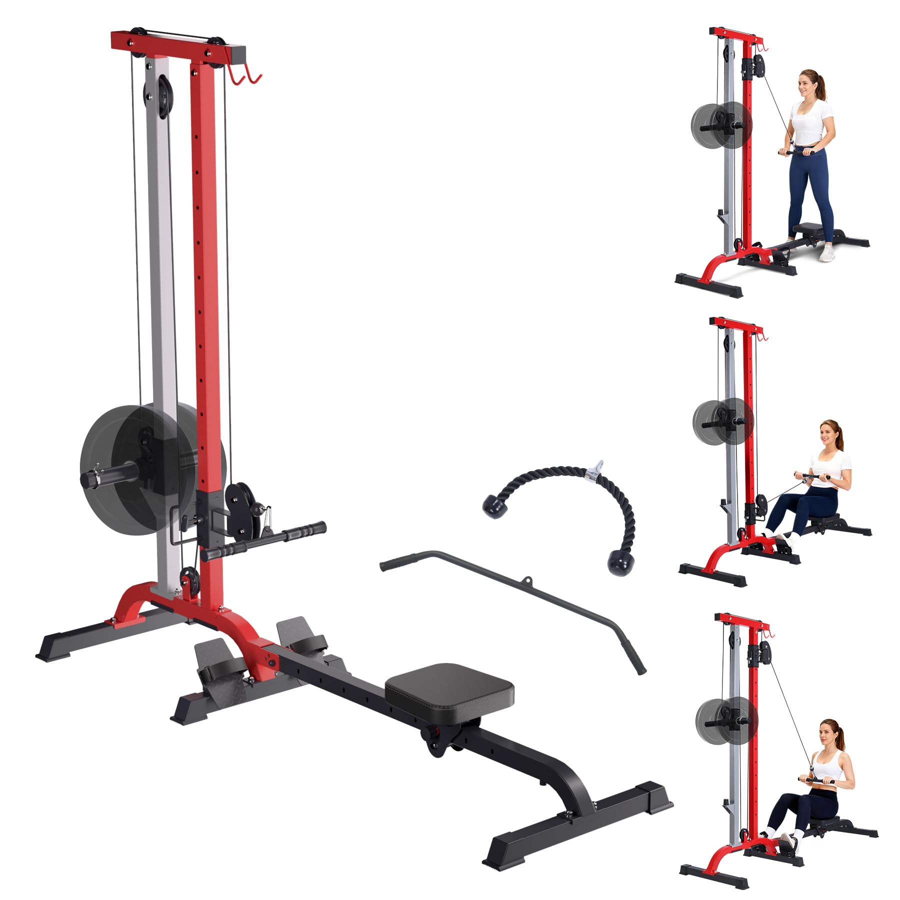 Máquina de remo y cable 2 en 1, LAT Pull Down con peso y asiento ajustables, estación de polea alta y baja, barra LAT y barra de cable Máquina de remo compacta multifunción para gimnasio en casa, negro+rojo