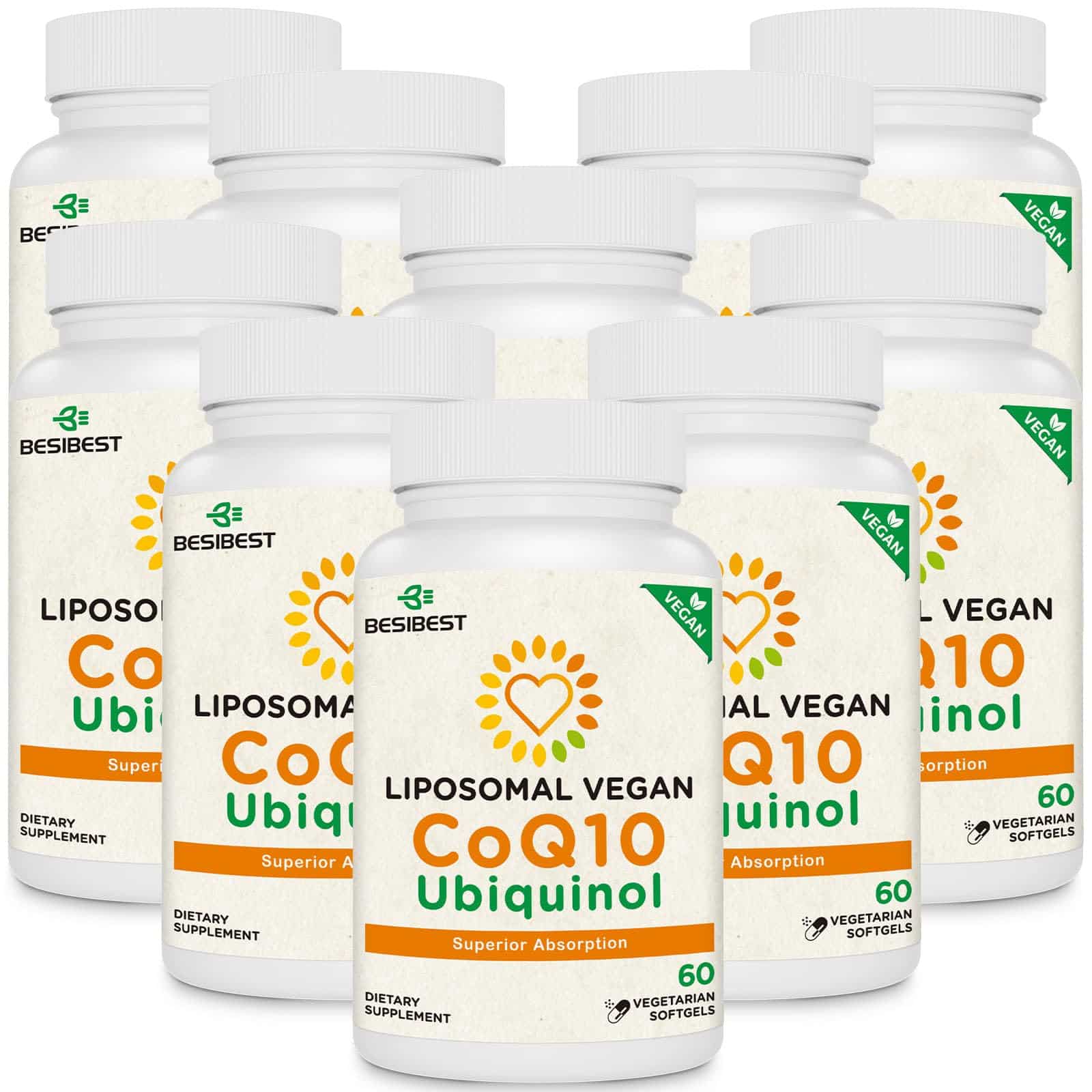 Besibest 1000 mg de ubiquinol CoQ10 liposomal, 600 cápsulas blandas veganas, suplemento de ubiquinol CoQ10 de alta absorción, forma antioxidante activa de coenzima Q10 para la función cardíaca y la producción de energía