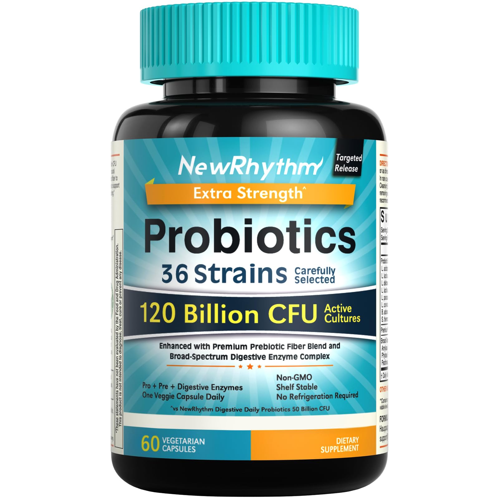 NewRhythm Probiotics 120 mil millones de UFC 36 cepas, probióticos 3 en 1 con prebióticos y enzimas, probióticos para mujeres y hombres, suplemento vegano de liberación dirigida, 60 unidades