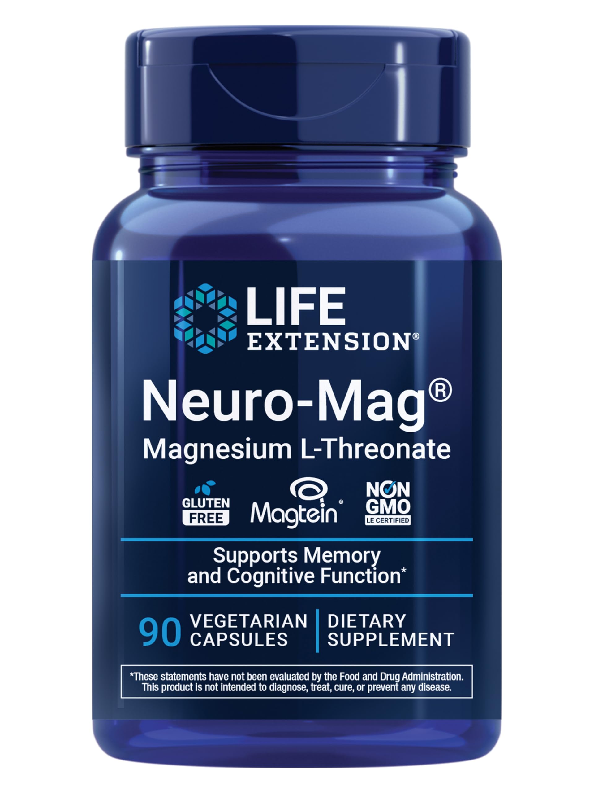Life Extension Neuro-Mag L-treonato de magnesio, salud de la memoria, pensamiento rápido, apoyo a la salud cognitiva, vegetariano, sin OGM, 90 cápsulas vegetarianas (144 mg de 2000 mg de L-treonato de magnesio Magtein
