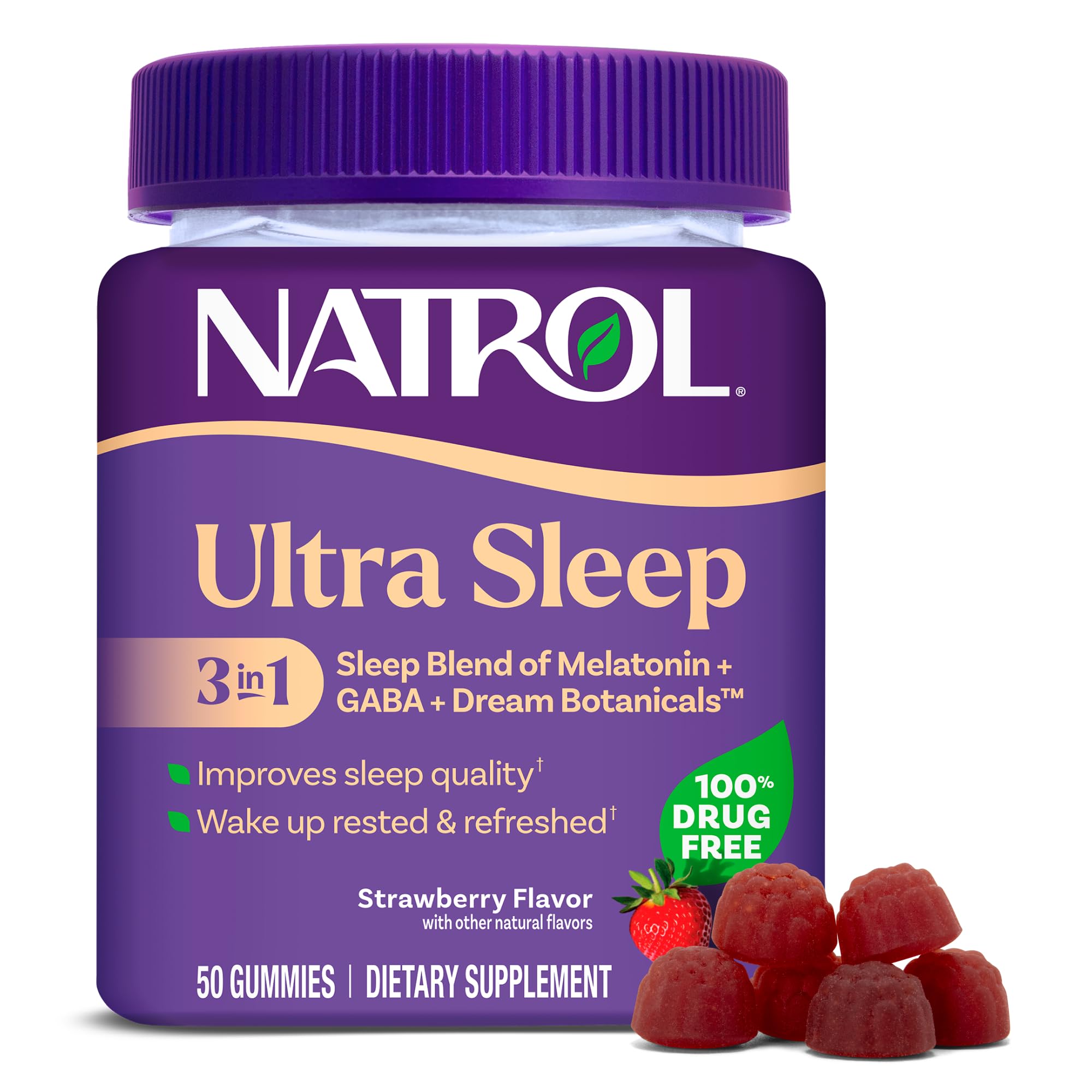 Natrol Ultra Sleep Mezcla 3 en 1 de ayuda para dormir 100% libre de drogas con melatonina, GABA y productos botánicos, suplemento dietético, que no crea hábito, 50 gomitas