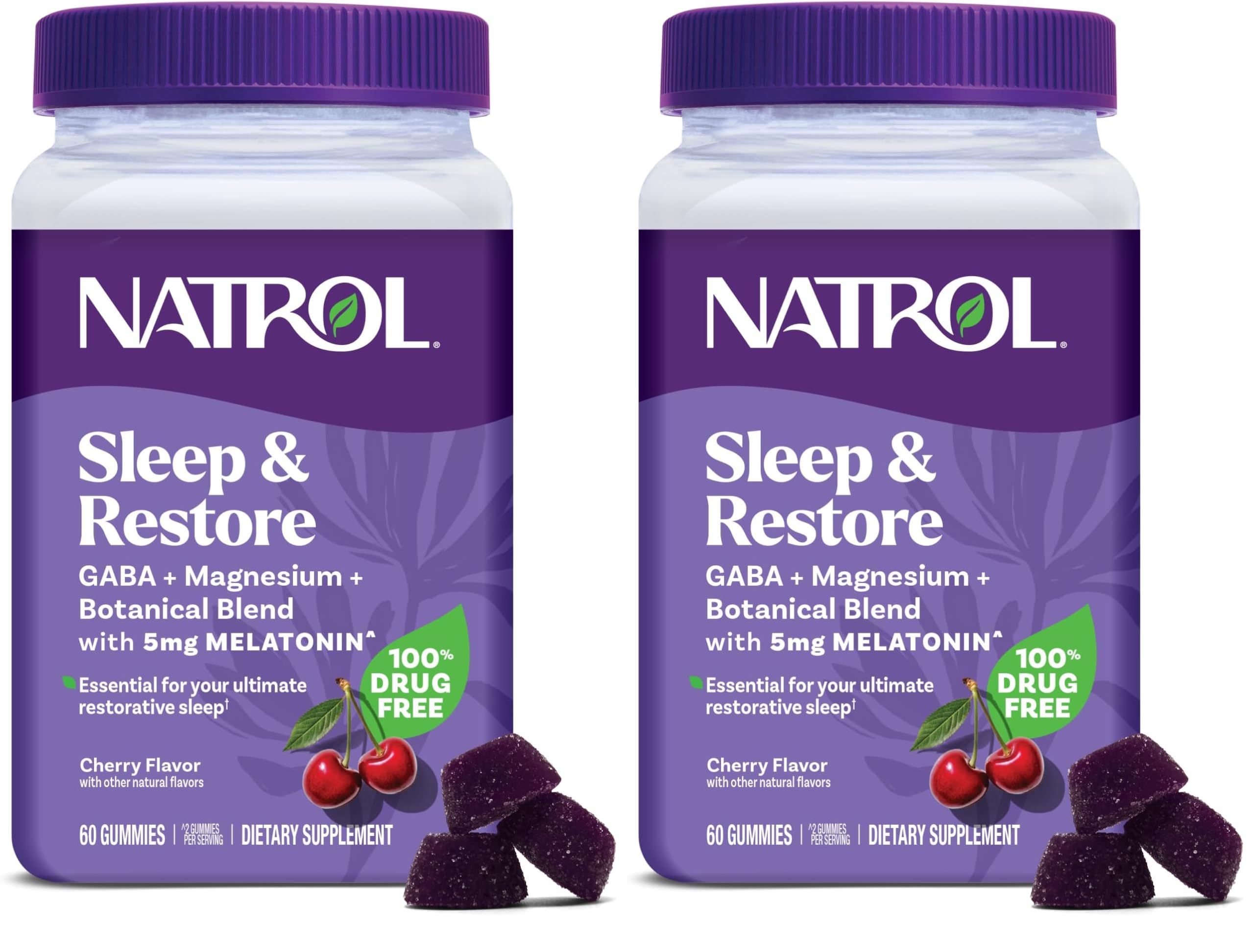 Natrol Sleep + Restore Gomitas de mezcla de glicinato de magnesio con melatonina 5 mg - Magnesio tranquilo con GABA, mezcla botánica, sabor a cereza, 60 gomitas (paquete de 2)