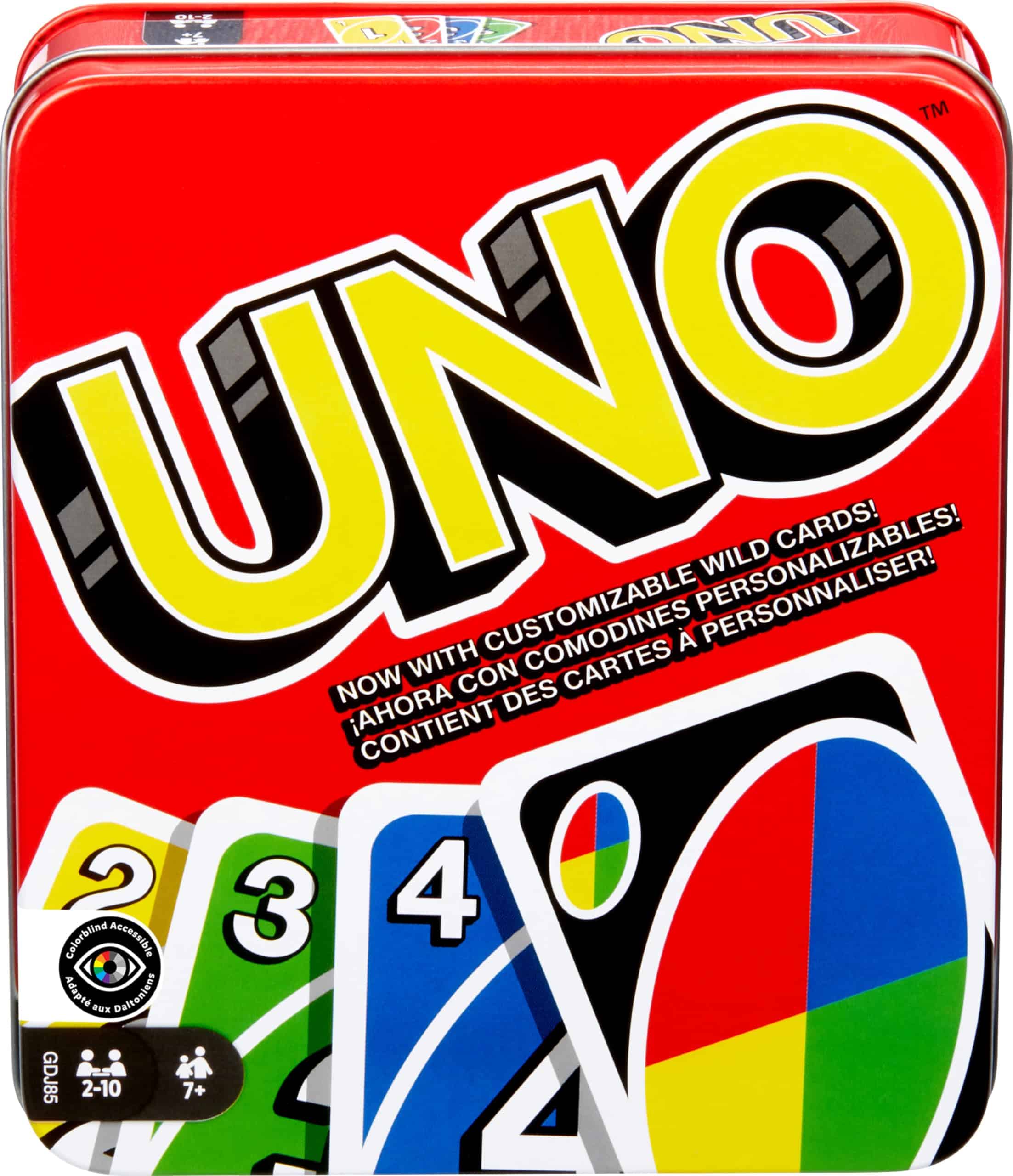 Mattel Games UNO Juego de cartas para niños, adultos y noches y fiestas familiares, viajes y vacaciones, cubierta personalizable y accesible para daltónicos (exclusivo de Amazon)